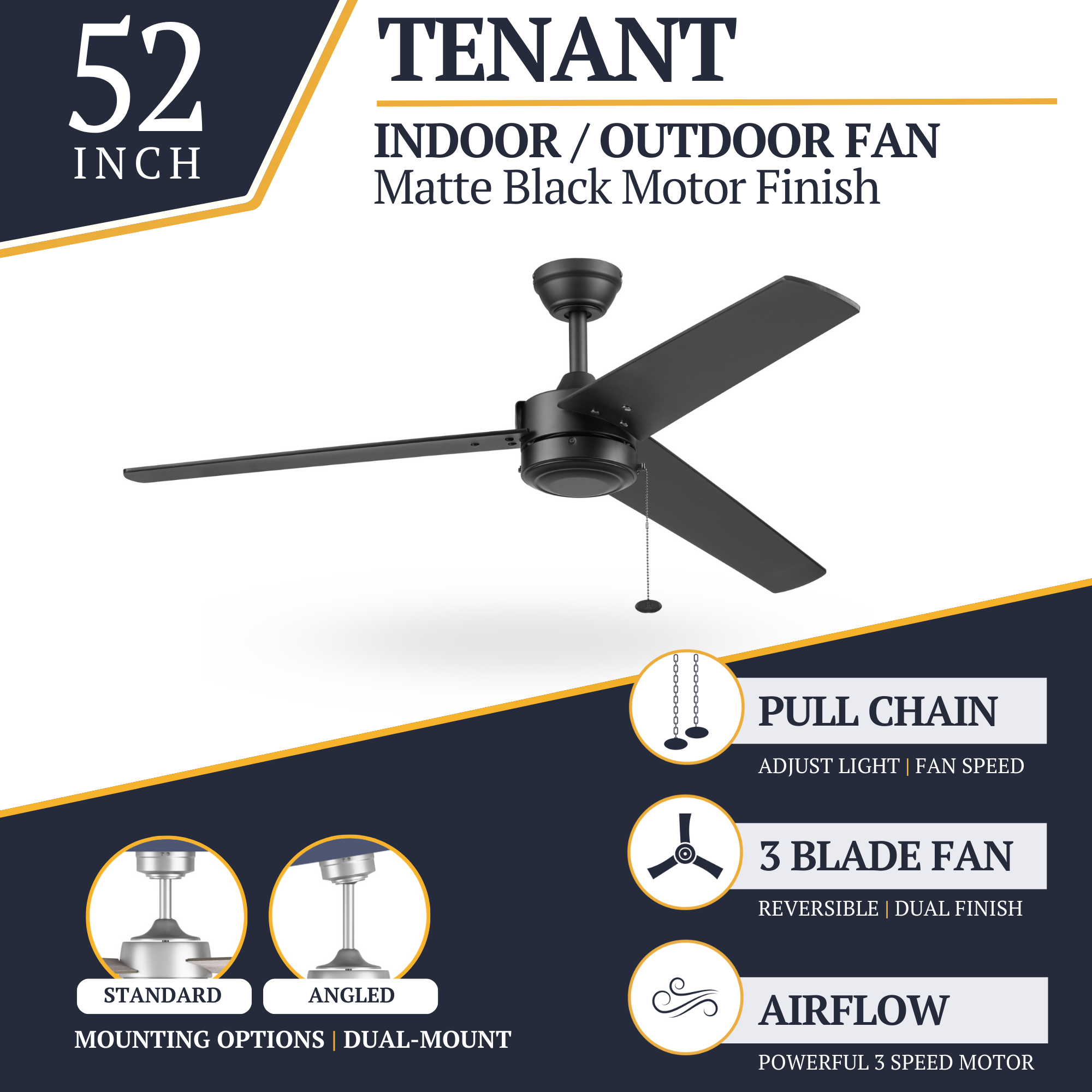 52 Inch Matte Black Ceiling Fan with Pull Chain - Indoor/Outdoor Use for Living Room, Bedroom, Patio & Covered Porch