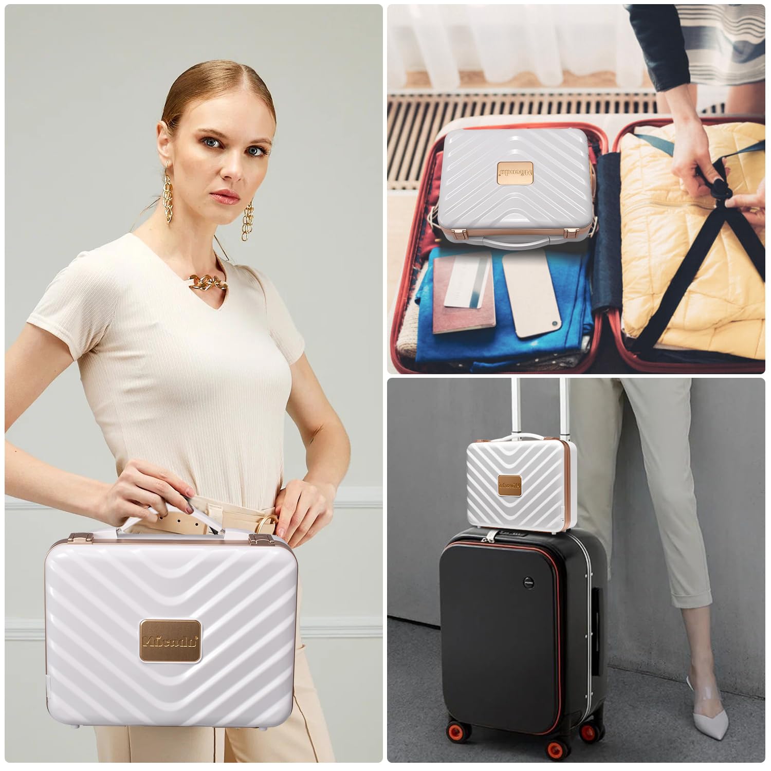Premium Mocado Travel Makeup Case with LED Lighted Mirror & 8 Brushes - Adjustable Brightness Cosmetic Organizer with 10x Magnifying Mirror & Brush Divider (White) - Perfect for Travel, Home Vanity & Professional Makeup Artists