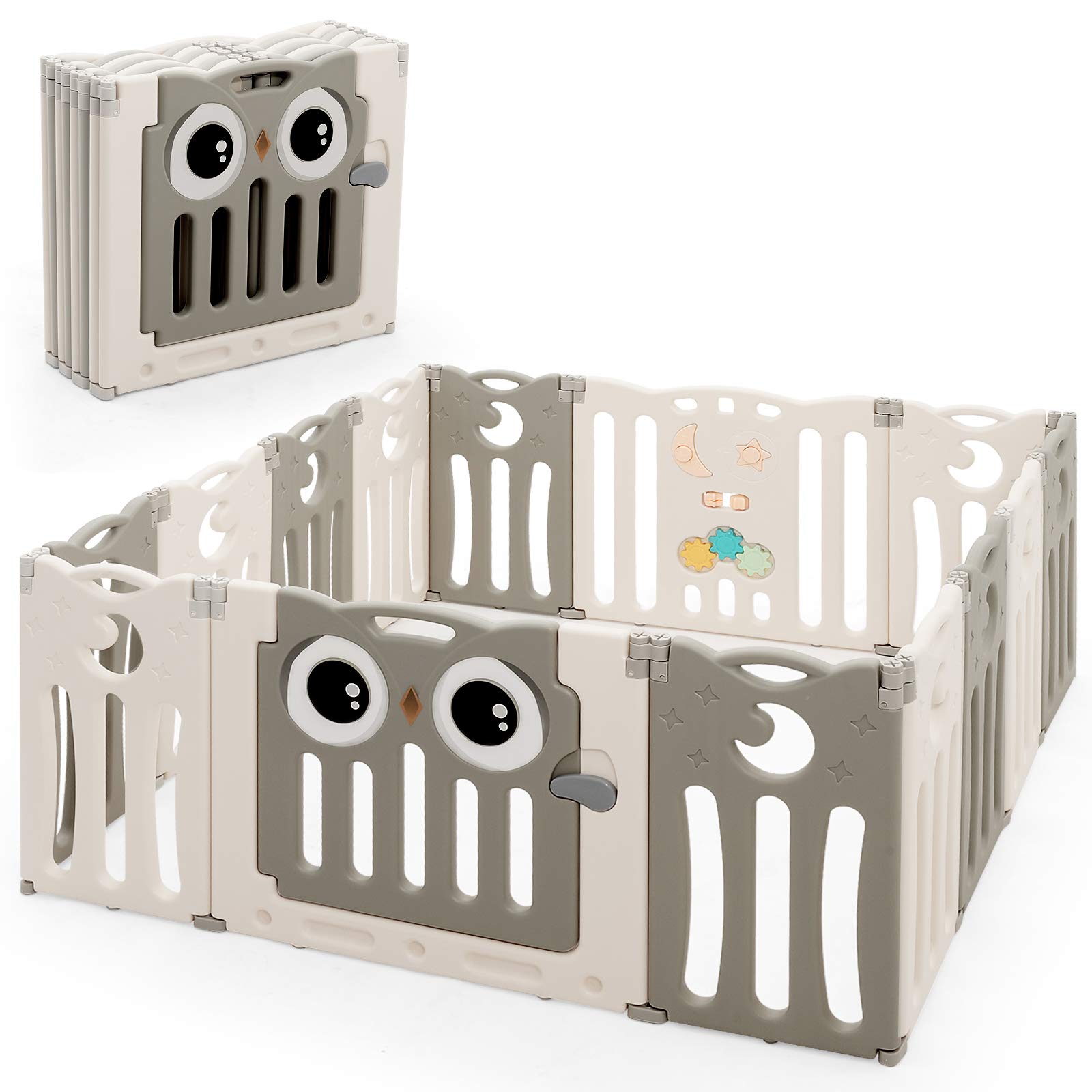 Costzon 14-Panel Foldable Baby Playpen with Locking Door - Non-Slip Rubber Bases & Pads for Safety - Indoor/Outdoor Adjustable Play Yard for Toddlers & Infants (Beige) - Perfect for Home, Nursery, Daycare & Backyard Use