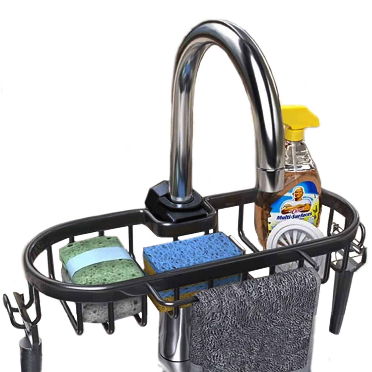 AIVIIN Adjustable Faucet Sponge Holder - Over Sink Organizer for Kitchen & Bathroom, Fits 0.25-1.1 Inch Faucets, Black - Perfect for Sponges, Scrubbers & Dish Brushes - Keep Sink Area Clean & Organized