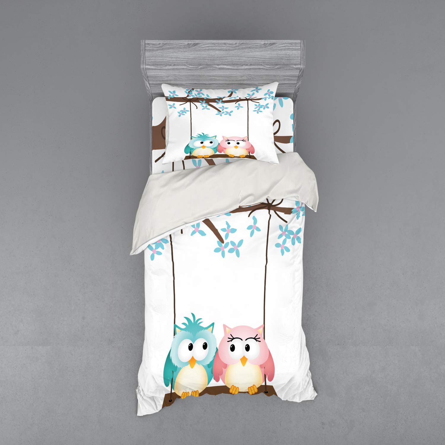 Ambesonne Cartoon Bedding Set - 2 Owls in Love on Swing with Blossoming Tree Branch, 3-Piece Duvet Cover Set (Twin XL, Pale Pink & Blue) for Spring Romance | Perfect for Kids' Room, Guest Bedroom & Cozy Couples Retreat