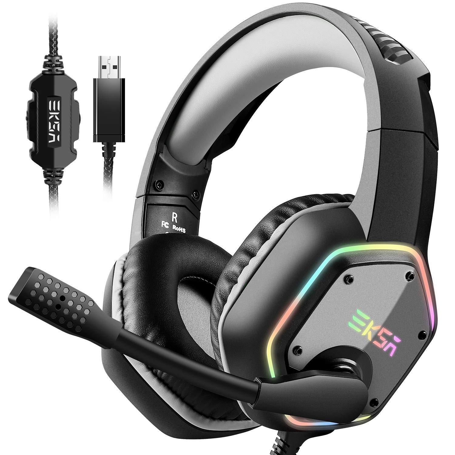 EKSA 7.1 Surround Sound Gaming Headset with Noise Canceling Mic & RGB Lights - USB Headphones for PC, PS4, Laptop (Gray) (Renewed) - Perfect for Competitive Gaming, Streaming & Online Meetings