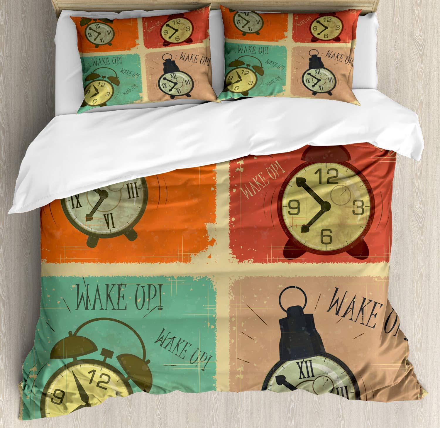 Ambesonne Vintage Alarm Clock Duvet Cover Set - Grunge Retro Style 3-Piece Bedding with 2 Pillow Shams, California King Size, Multicolor - Perfect for Retro-Themed Bedrooms & Unique Home Decor
