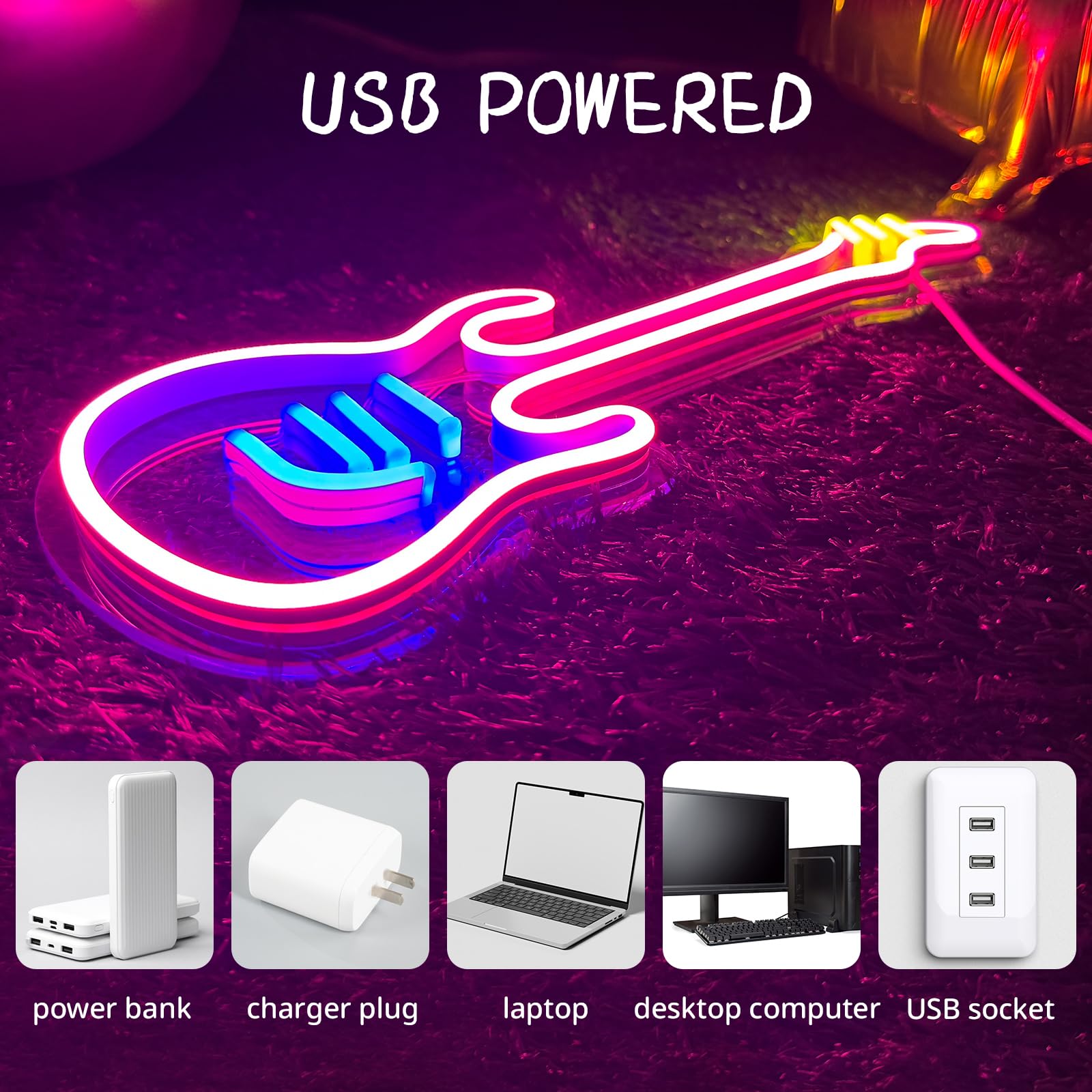 LED Guitar Neon Sign Light - Wall Decor for Bedroom, Girls Room, Bar & Party - Easy Install with Hooks & Chain - Perfect for Christmas Gifts, Wedding Decor & Music Lovers (14