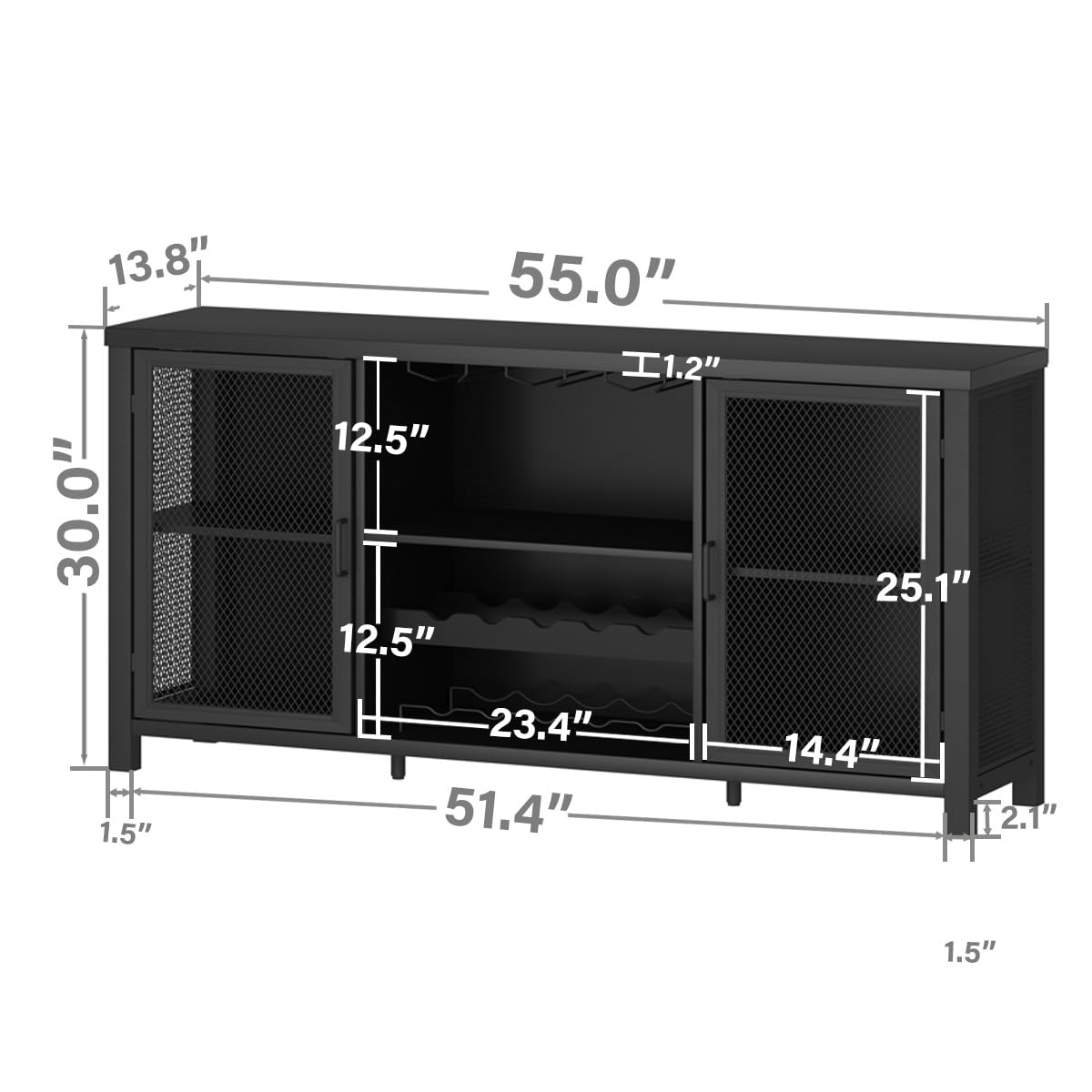 Black Oak Wine Bar Cabinet with Storage - 55 Inch Farmhouse Kitchen Buffet Cabinet for Liquor & Coffee Display | Industrial Style Home Bar for Dining Room & Living Room | Perfect for Entertaining Guests & Organizing Beverages