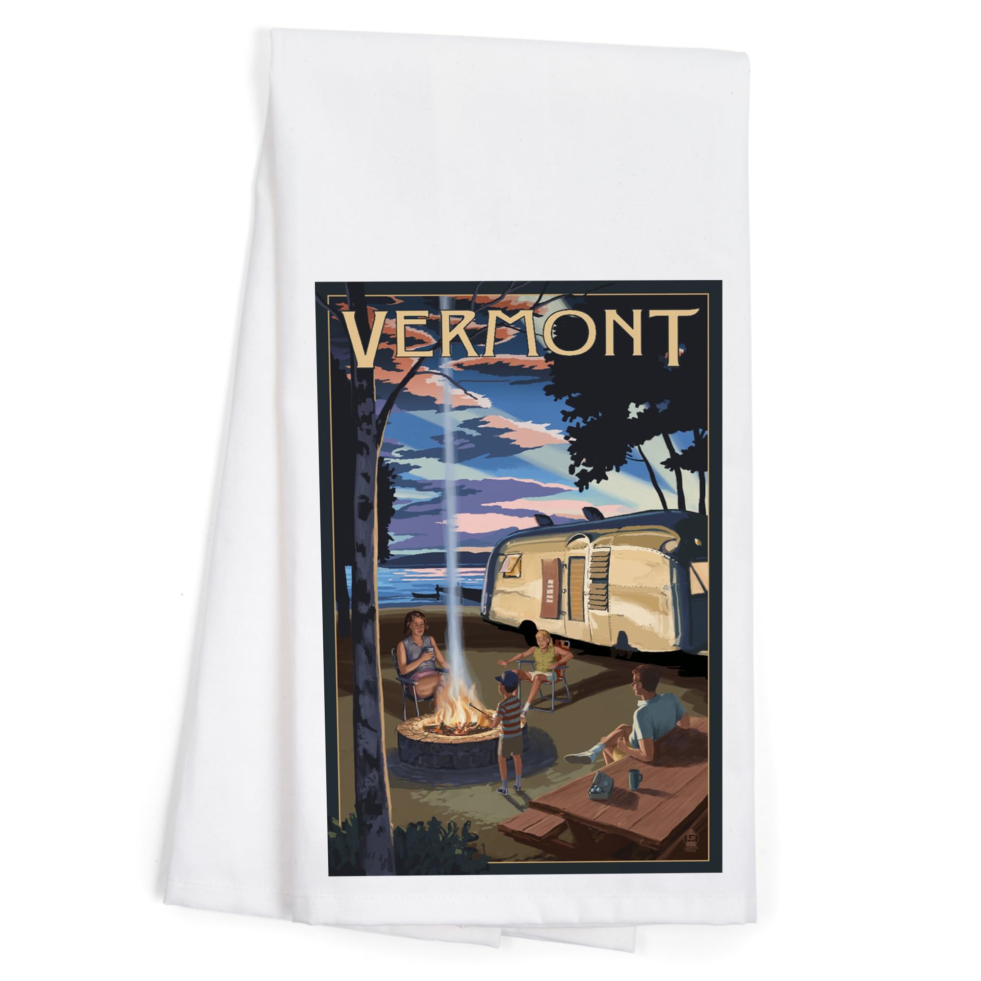 Vintage Retro Camper and Lake Vermont Cotton Tea Towel - 100% Cotton Decorative Hand Towel for Kitchen, Home Decor & Camping Accessories | Perfect for Farmhouse, RV and Cabin Decor