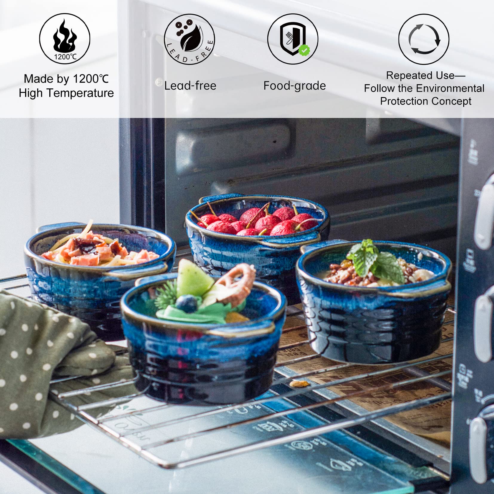 UNICASA 8 oz Ceramic Ramekins with Lids, Set of 4 Mini Casserole Dishes with Handles - Porcelain Baking Bowls, Oven-Safe Small Cocotte for Crème Brûlée, Soufflé, Desserts (Blue Reactive Glaze) - Perfect for Baking, Serving, and Meal Prep