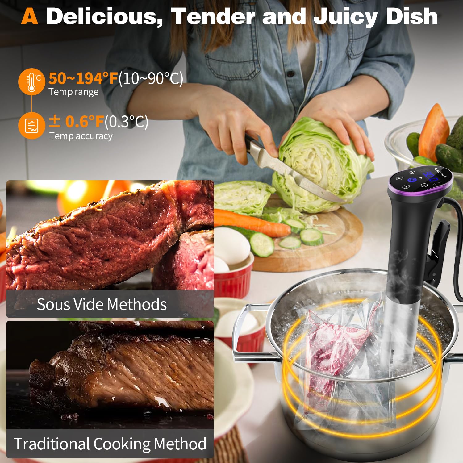 WiFi Sous Vide Cooker 1000W Immersion Circulator - 10°C to 90°C (50°F to 194°F) Precision Temperature Control with Timer Touch Screen - 120V Purple Sous Vide Machine for Home Kitchen, Restaurant & Meal Prep