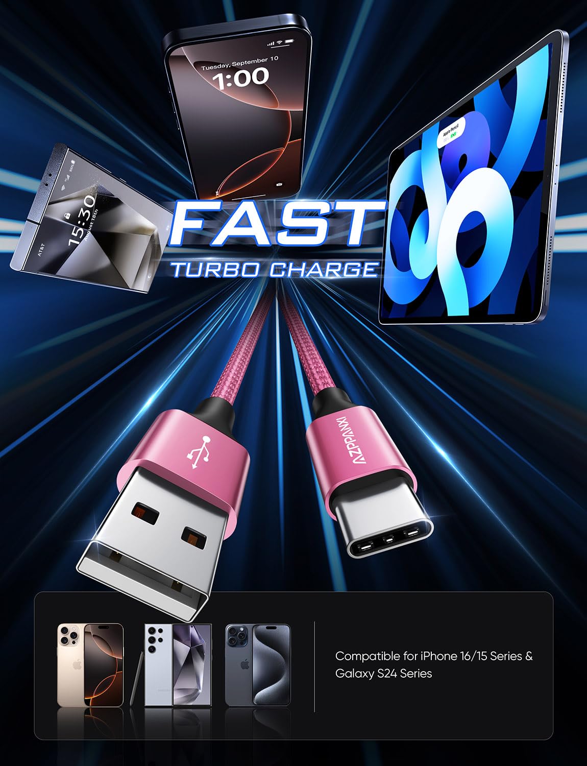 20Ft Pink Extra Long USB C Cable - Fast Charging Cord, Premium Nylon Braided, Compatible with iPhone 16/15 Series, Samsung Galaxy, LG, Moto, Google Pixel, Nintendo Switch & More USB-C Devices - Perfect for Home, Office, Travel & Gaming
