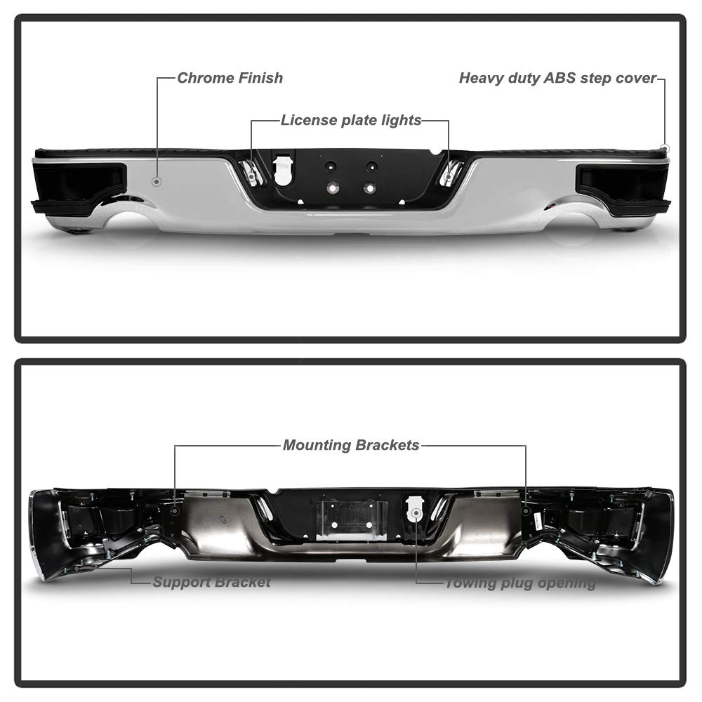 ACANII Chrome Rear Bumper Complete Assembly for 2009-2018 Dodge Ram 1500 - Dual Exhaust Compatible, No Sensor Holes, Corner Step Design | Perfect for Truck Upgrades, Off-Road Adventures & Enhanced Vehicle Protection