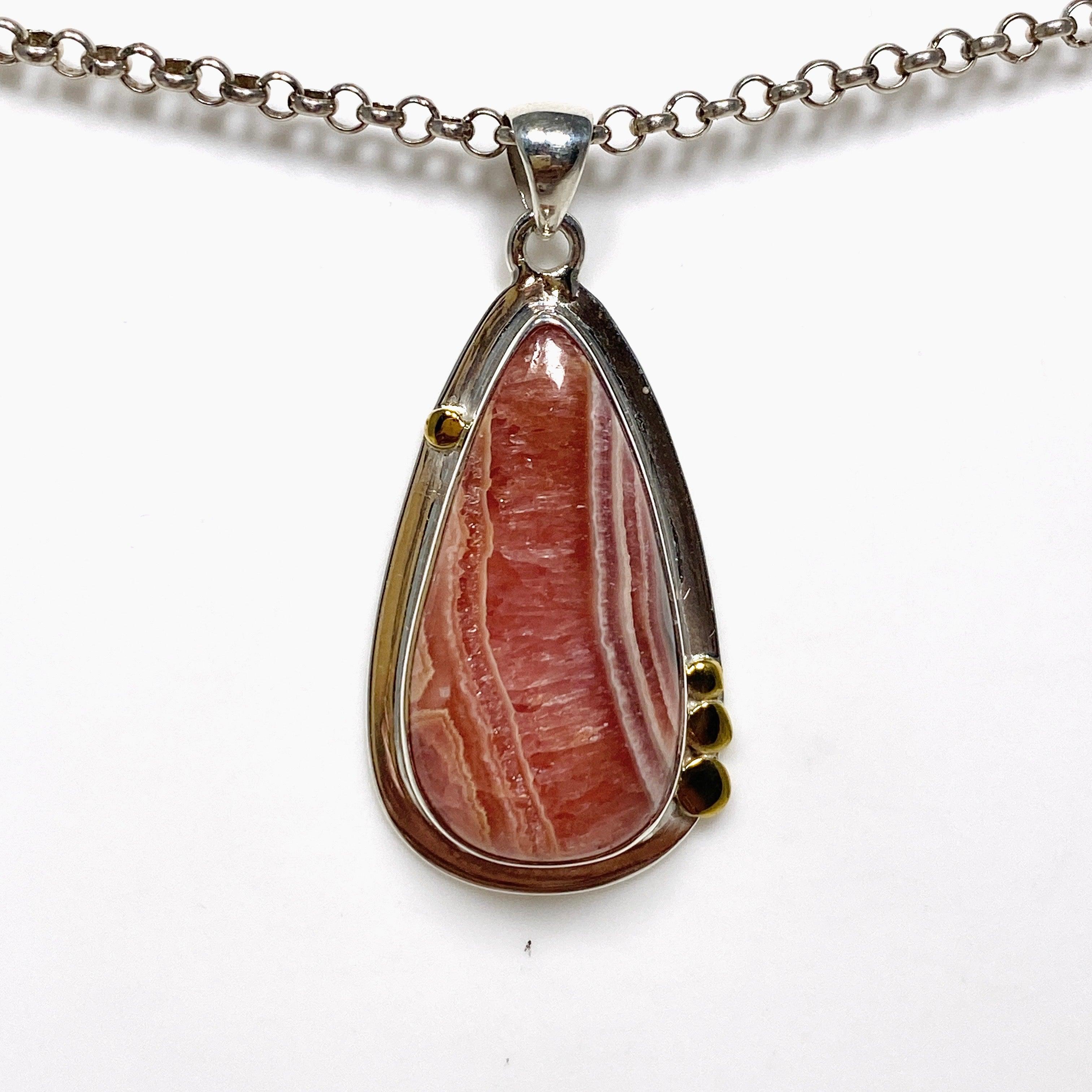 Rhodochrosite Teardrop Pendant Necklace with Brass Accents KPGJ4327 - Elegant Jewelry for Women, Perfect for Date Night & Special Occasions
