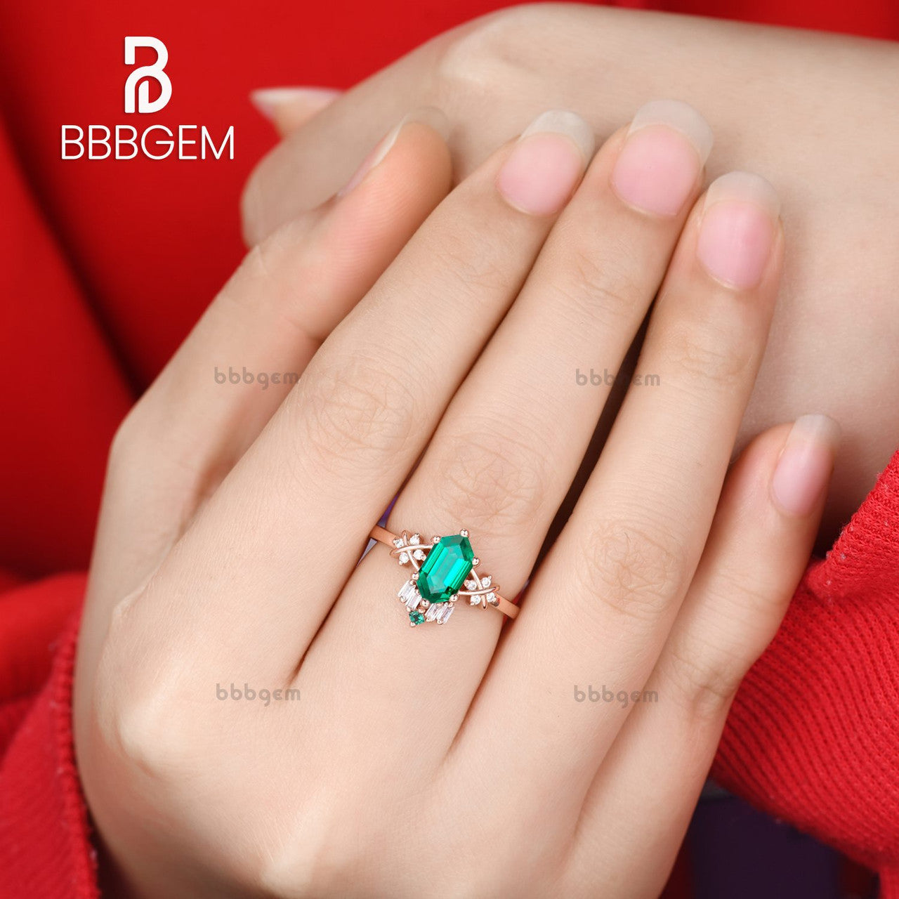 Unique Vintage Hexagon Cut Lab Emerald 14K Rose Gold Diamond Engagement Ring for Women – Perfect for Weddings, Anniversaries & Special Occasions