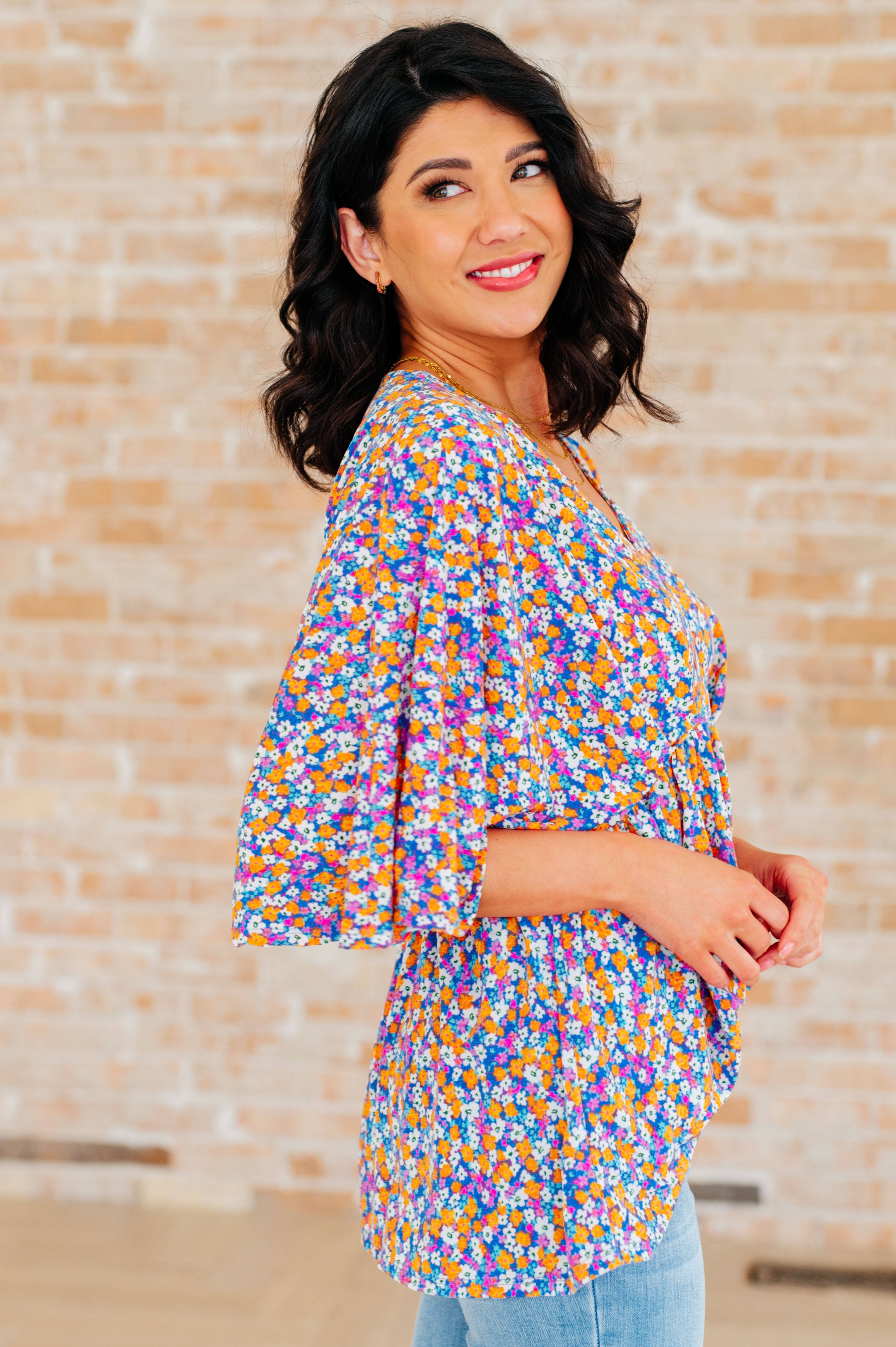 Dreamer Peplum Top - Purple Retro Ditsy Floral Print Women's Blouse for Casual Wear & Date Night Outfits