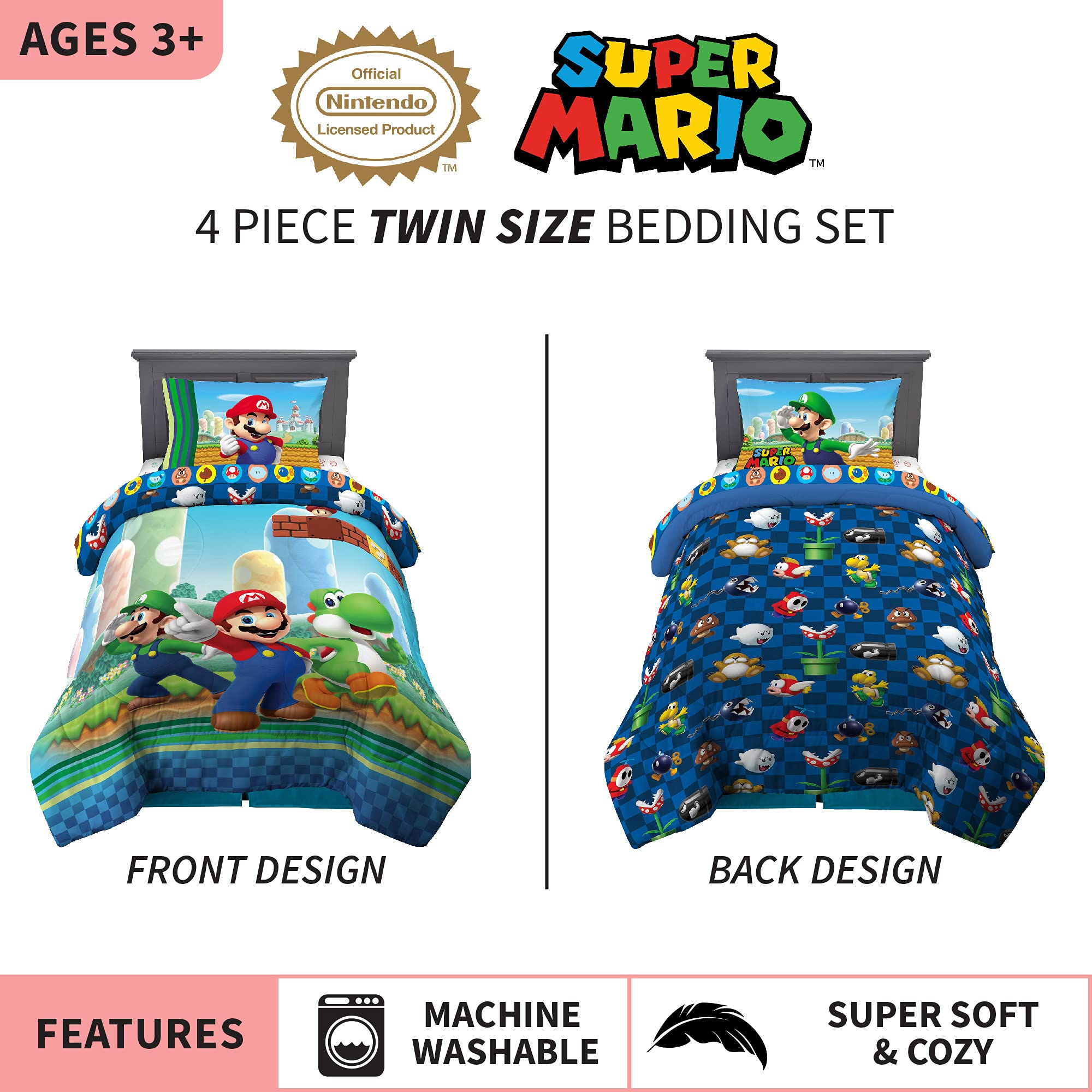 Super Soft Franco Kids Bedding Set - 4 Piece Twin Size Comforter & Sheet Set with Mario Design | Perfect for Boys' Bedroom Decor & Gift