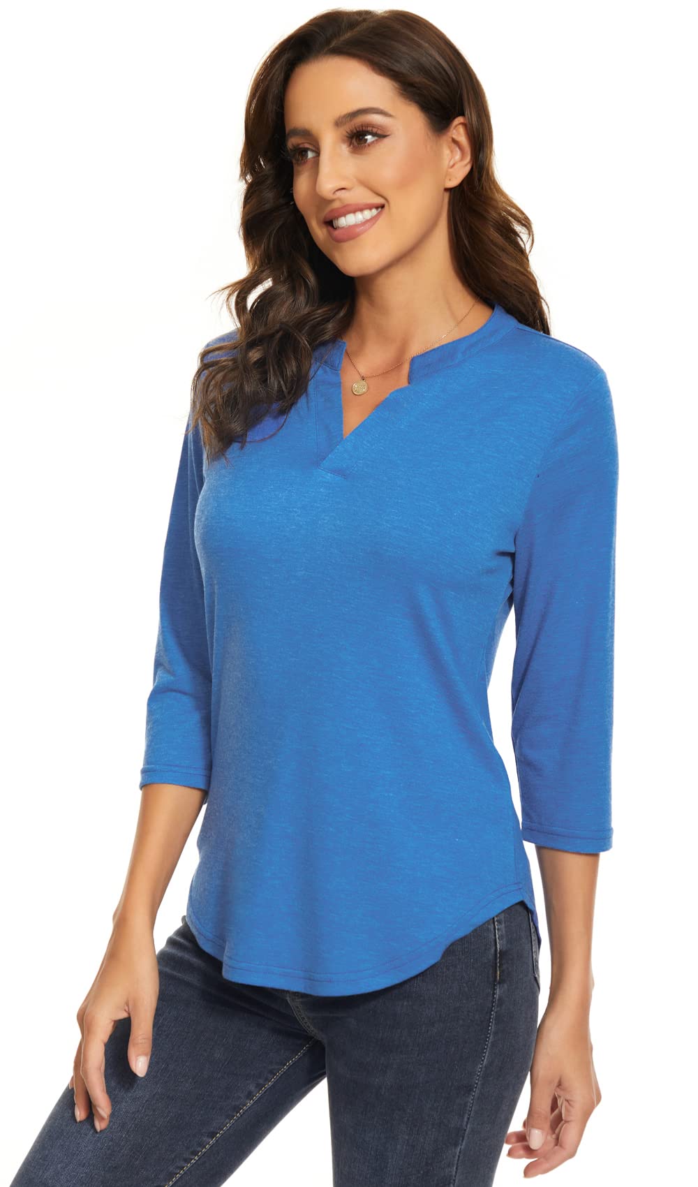 Women's 3/4 Sleeve V-Neck Collared T-Shirts - Work Blouses & Casual Tops for Office, Business & Everyday Wear