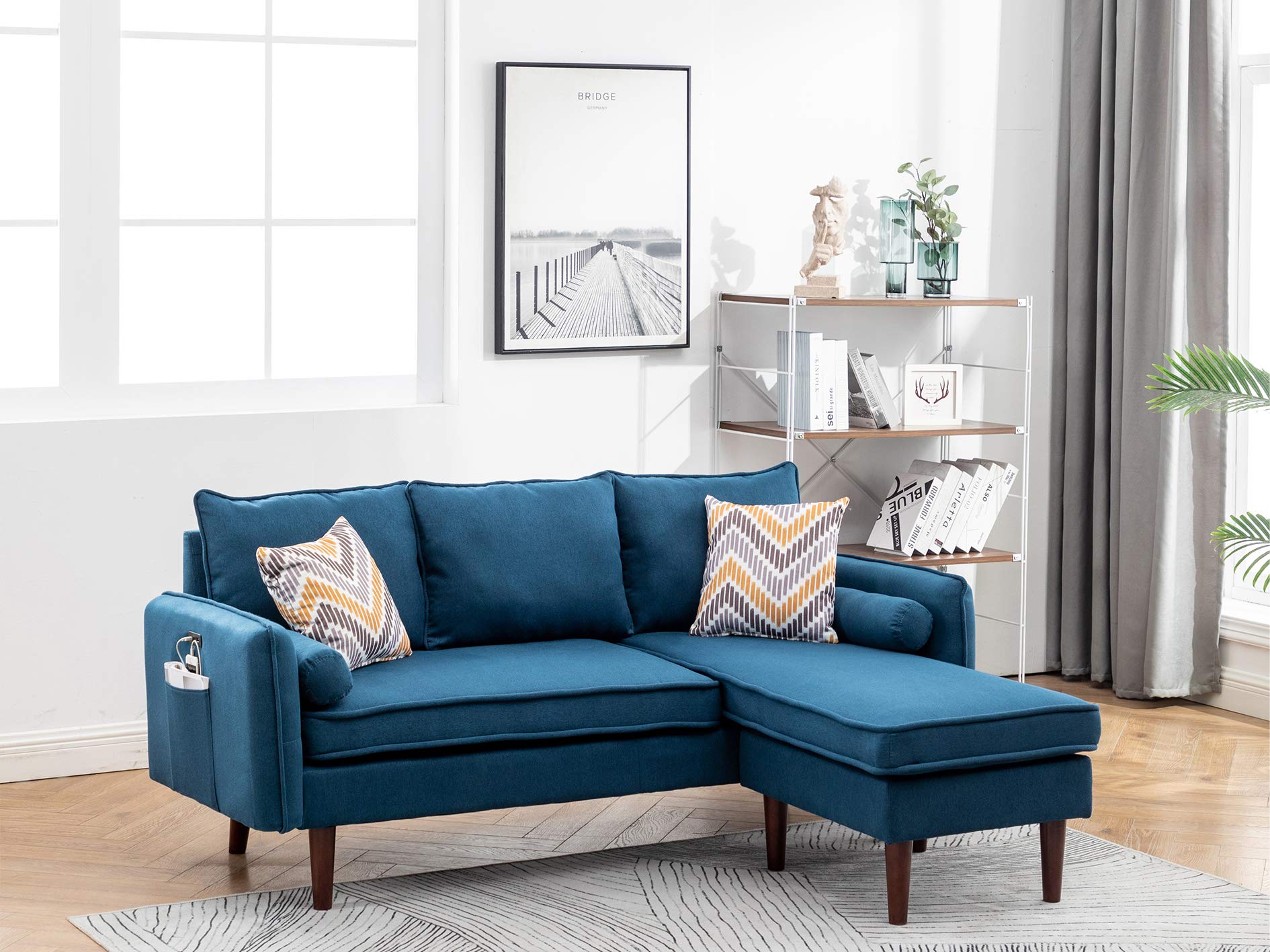 Lilola Home Mia Blue Sectional Sofa with Chaise Lounge, USB Charging Ports & Throw Pillows - Modern Living Room Furniture for Small Spaces & Apartments