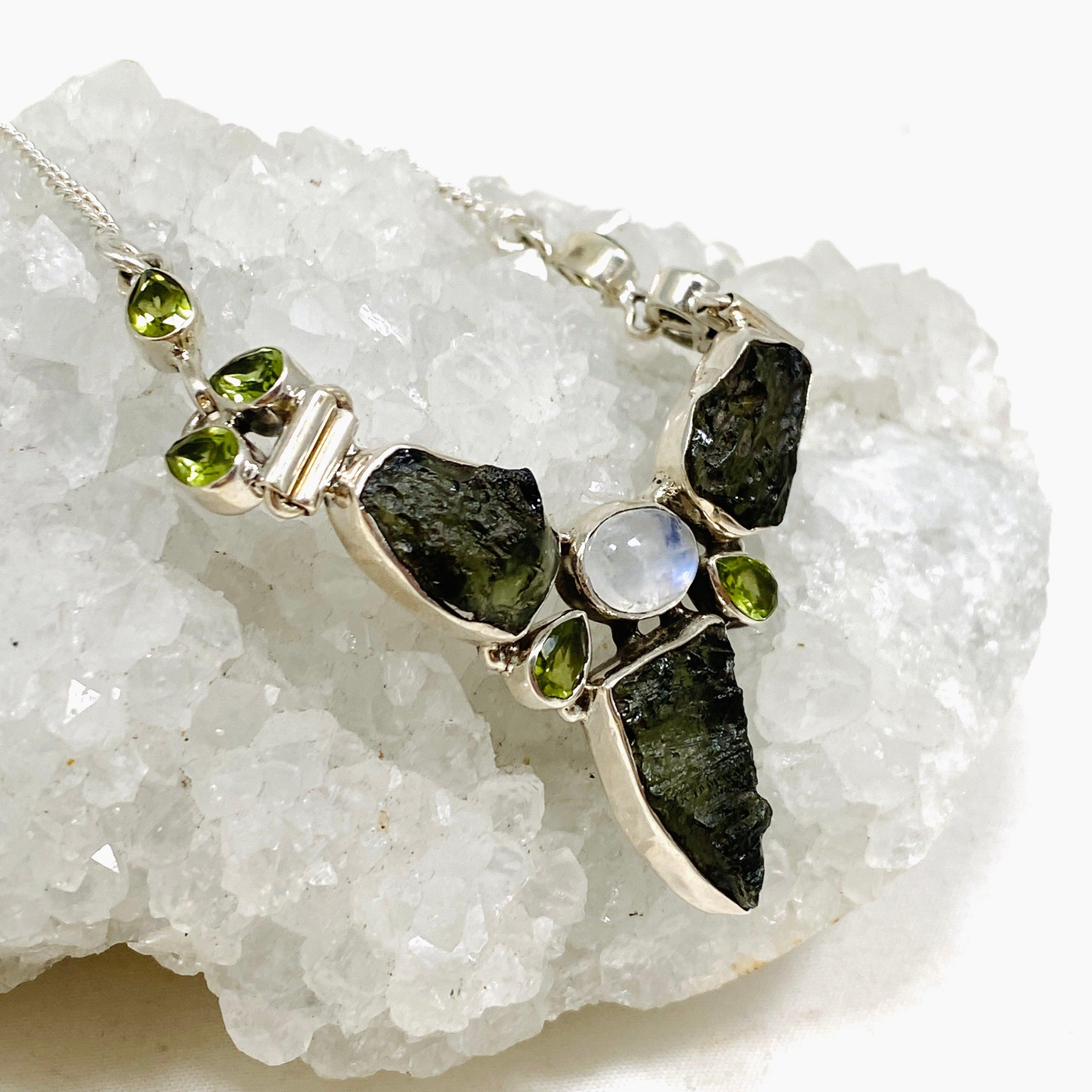 Natural Moldavite Moonstone Peridot Pendant Necklace - Elegant Healing Crystal Jewelry for Women - Perfect for Meditation, Spiritual Healing & Energy Balancing
