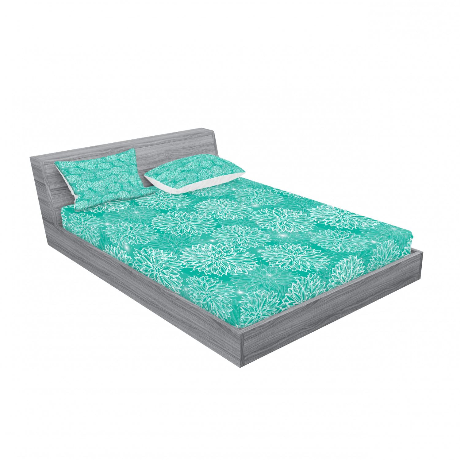 Ambesonne 2-Piece Teal Queen Fitted Sheet Set with 4 Pillow Shams - Modern Floral Bedding Collection for Master Bedroom & Guest Room Decor