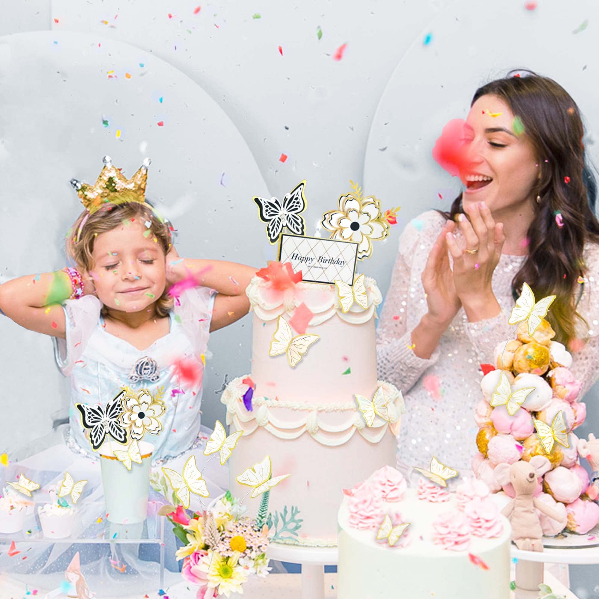 8-Piece White Gold Flower Butterfly Cake Toppers - Elegant Birthday Cake Decorations for Weddings, Baby Showers & Party Decor - Perfect for Butterflies Theme Celebration