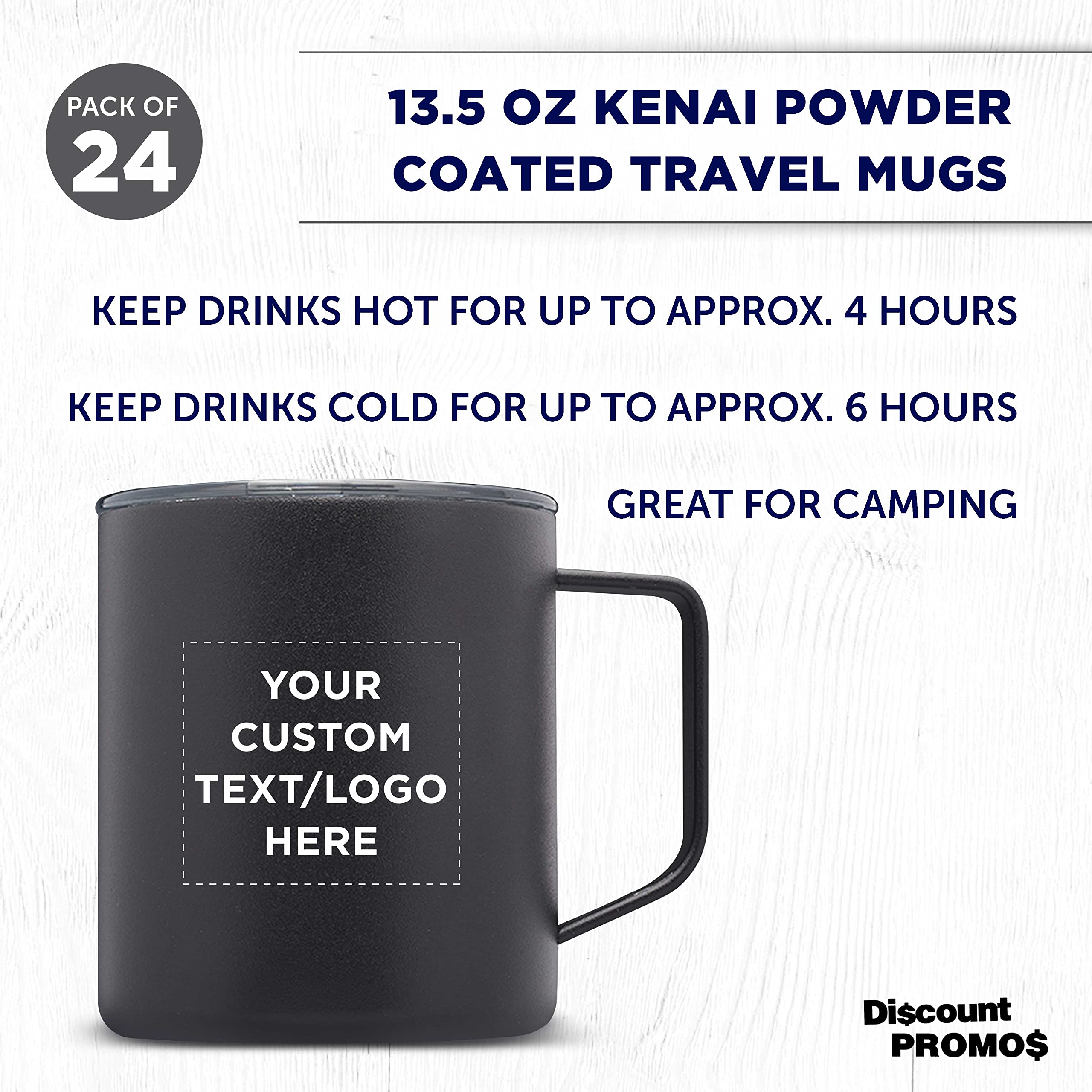 Custom Kenai Powder Coated Travel Mugs 13.5 oz - Set of 24 Insulated Stainless Steel Cups with Personalized Bulk Pack - Double Wall Vacuum Insulation for Coffee, Tea, Hot Cocoa & Cold Drinks - Perfect for Office, Camping, Travel & Gifts - Black