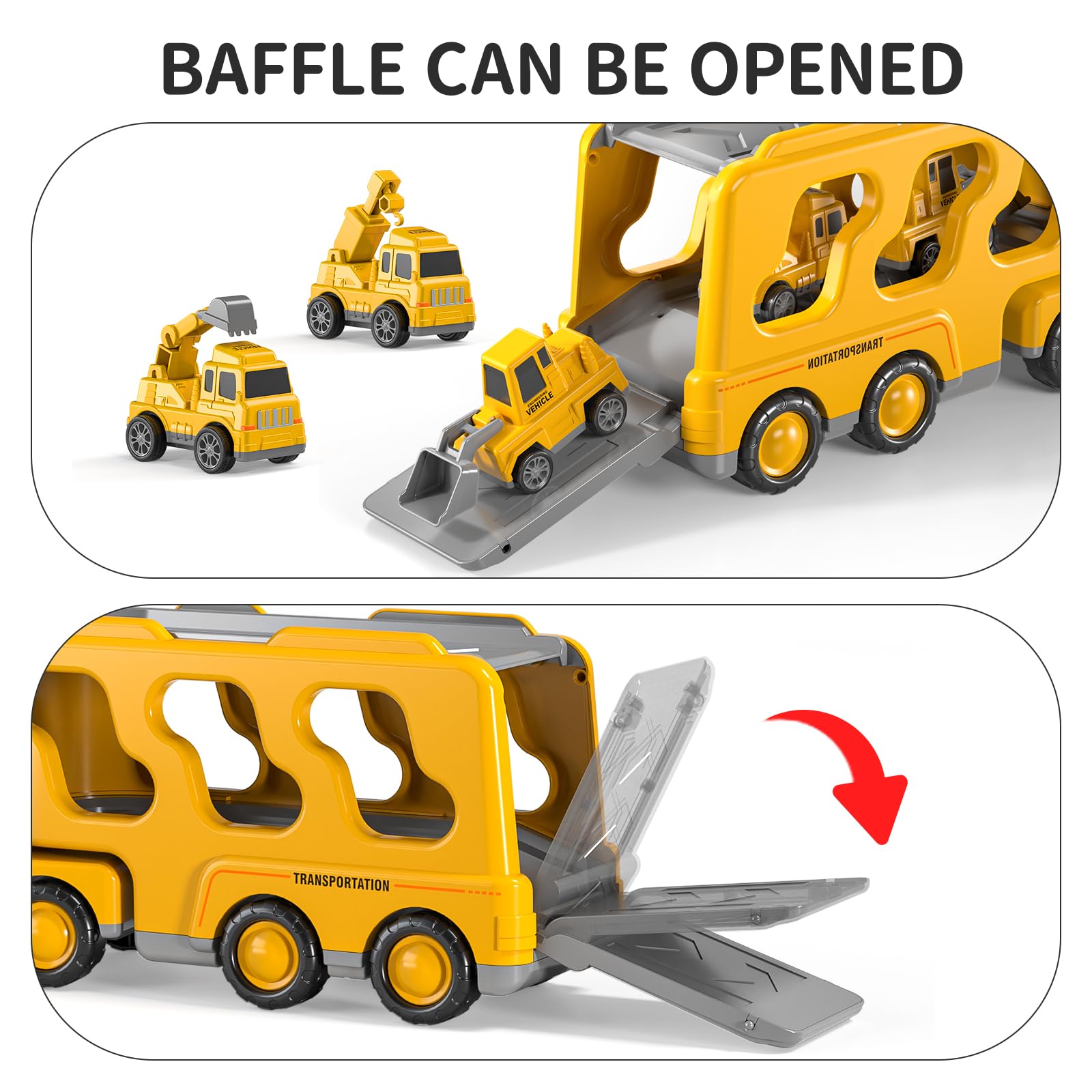 TEMI Construction Truck Toy Set for Kids Ages 3-7 - Engineering Vehicle Carrier with Excavator & Crane - STEM Learning Toys for Boys & Girls - Perfect for Birthday Gifts & Pretend Play Construction Site Scenes
