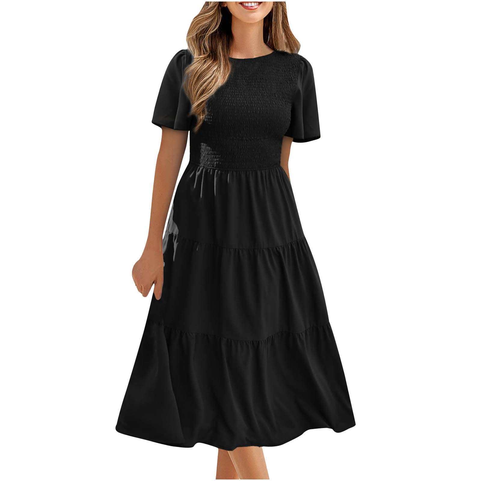 2023 Women's Summer Dresses - Solid Color Crewneck Short Sleeve T-Shirt Dress with Trendy Patchwork Pleated Flutter Knee-Length Swing Design | Perfect for Beach Vacations, Casual Outings & Summer Parties