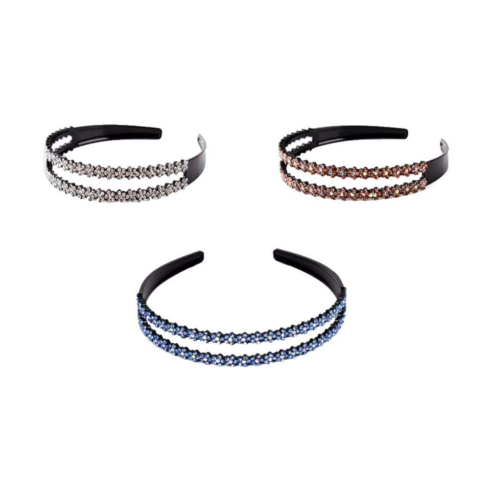Lurrose 3-Pack Crystal Teeth Headbands for Women - Rhinestone Flower Hard Plastic Double Row Non-Slip Hair Bands | Perfect for Weddings, Parties, and Special Occasions