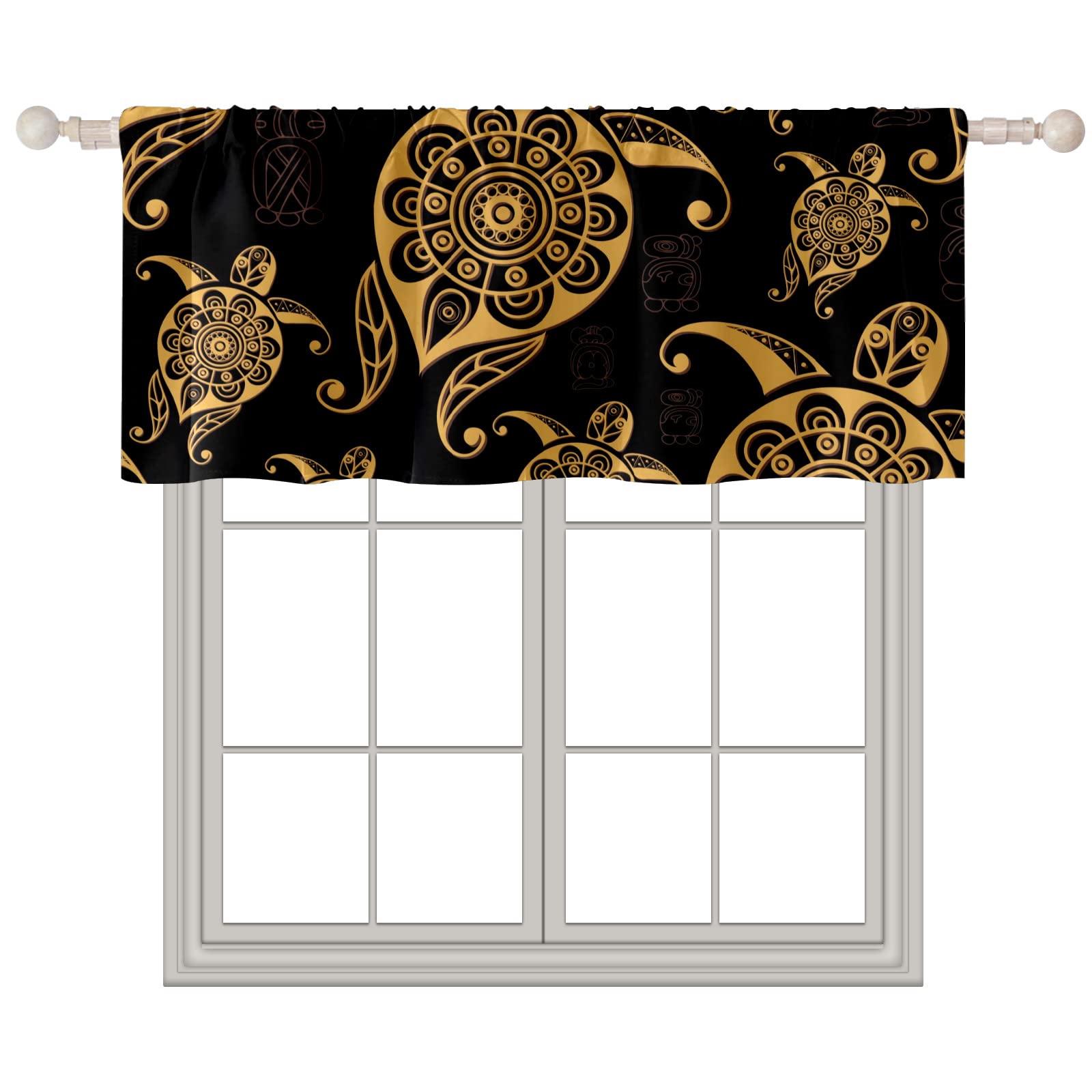 24x52 Inch Boho Golden Sea Turtle Valance Curtains - Rod Pocket Window Toppers for Living Room, Kitchen & Bedroom - Stylish Short Window Treatments for Coastal & Bohemian Home Decor