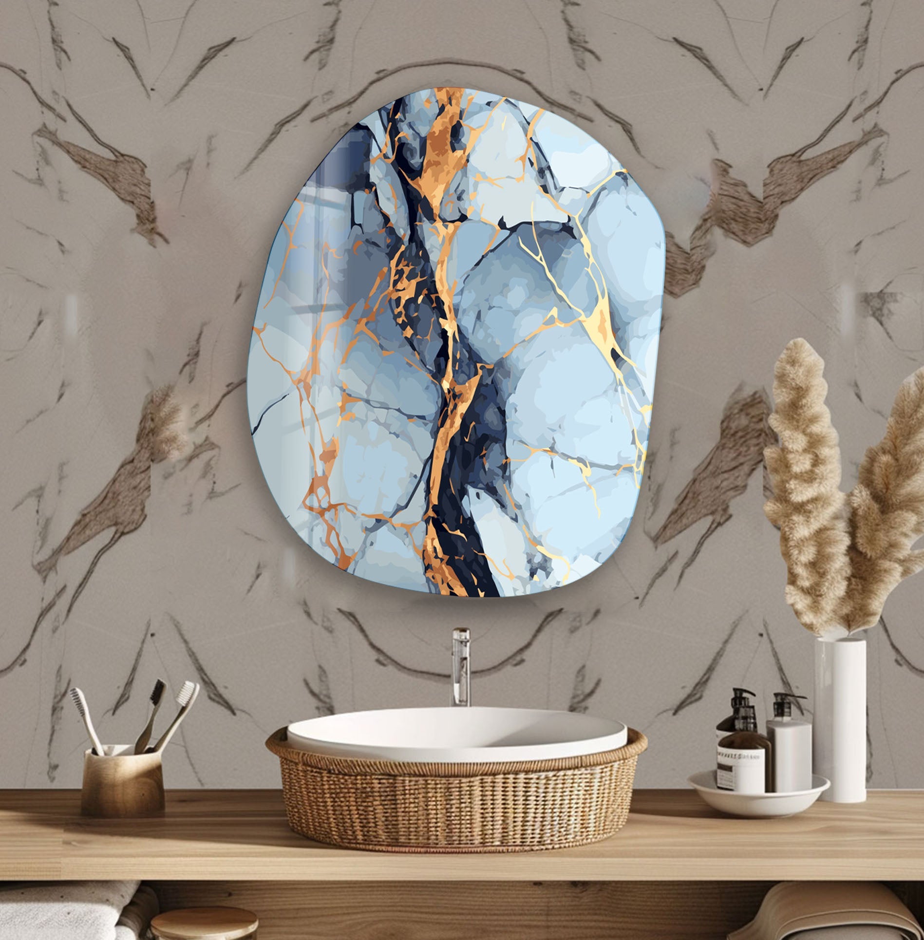 Blue & Gold Marble Oval Glass Wall Art - Elegant Home Decor for Living Room, Bedroom, Office - Perfect for Modern & Luxury Interior Design
