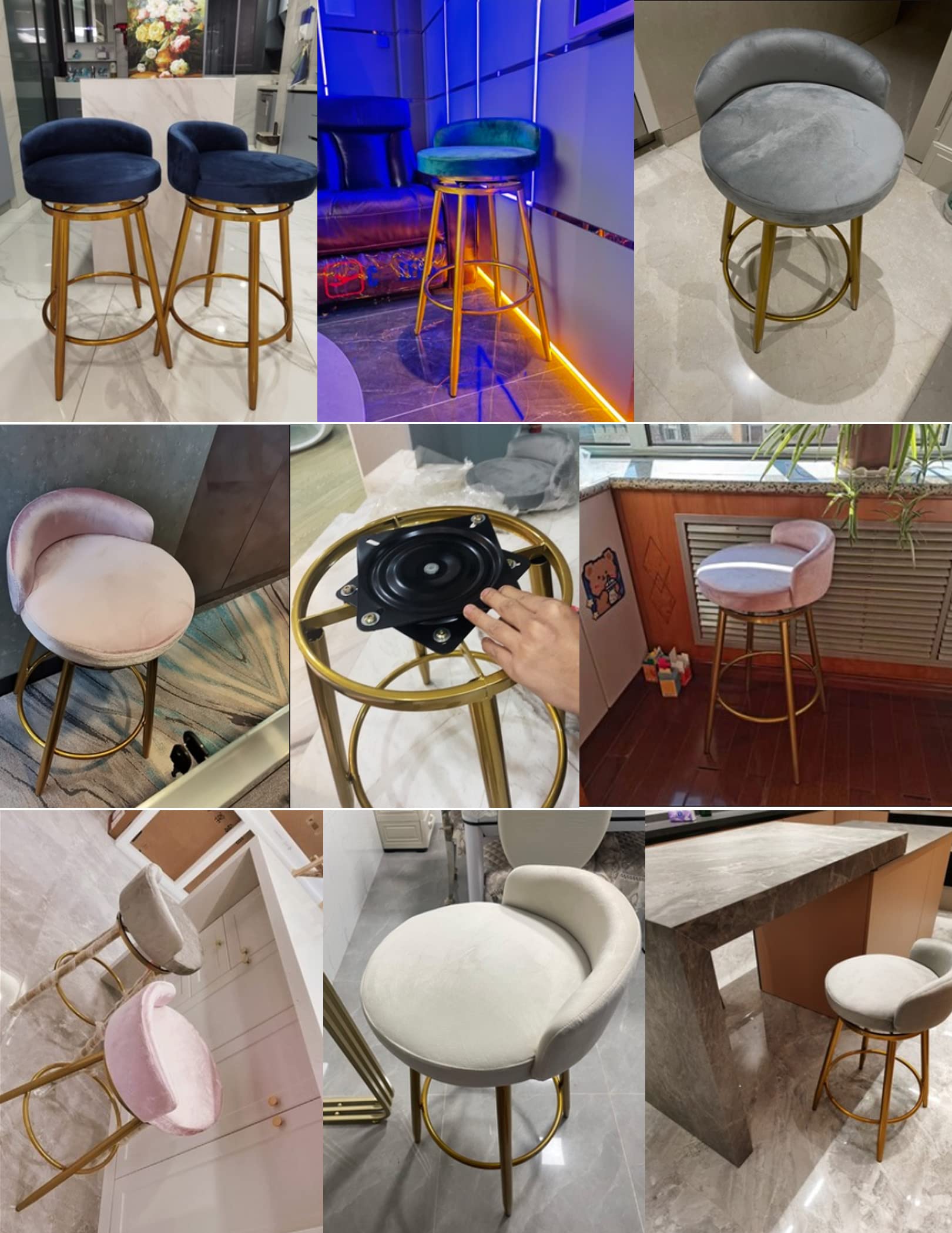 Swivel Bar Stools Set of 3 - Velvet Kitchen Island Chairs with Gold Metal Footrest, 150kg Weight Capacity - Perfect for Kitchen Counter, Breakfast Bar & Home Decor