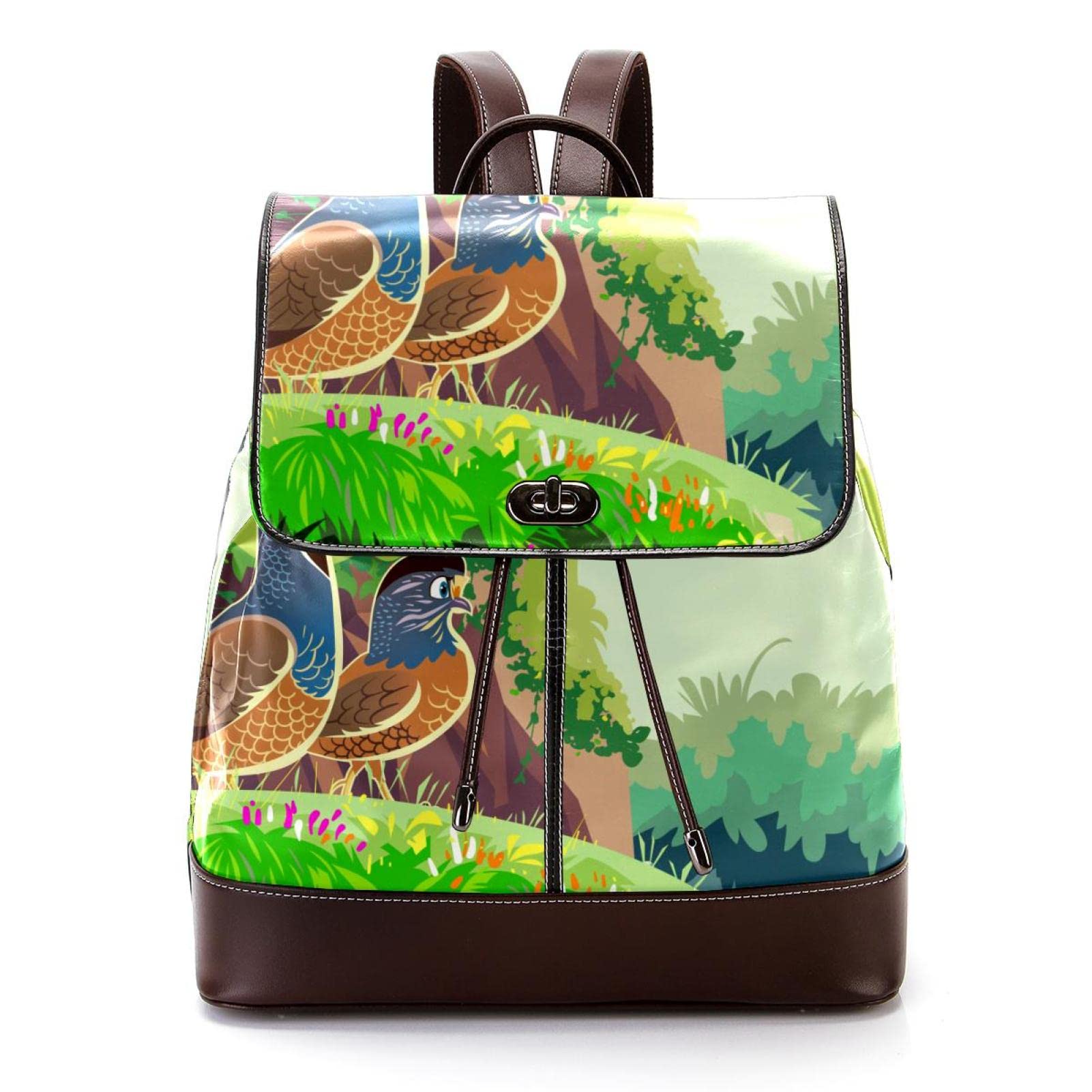 Stylish Unisex Leather Backpack for Women & Men - Vintage Quail Design Travel Rucksack with Flap Closure, Perfect for Daily Commute, School & Weekend Getaways