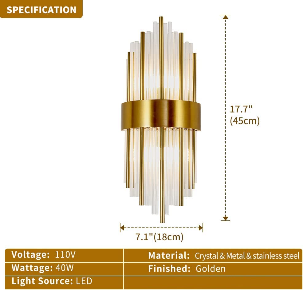 WABON Modern Crystal Wall Lamp - Gold Wall Sconce with Crystal Accents, LED Wall Light Fixture for Living Room, Bedroom, Hallway & Stairway | Elegant Home Decor & Ambient Lighting Solution