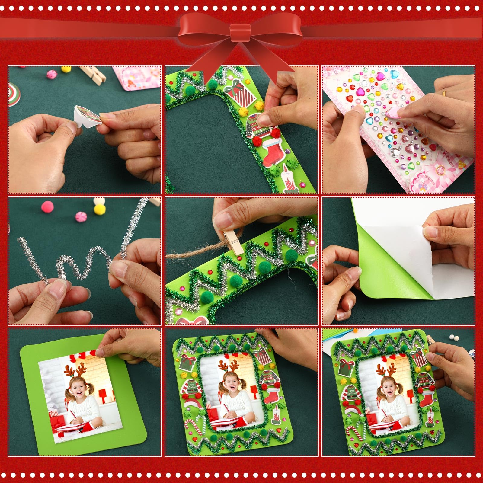 SANNIX 12 Sets Christmas Picture Frame Craft Kit for Kids - DIY Foam Photo Frames with 200 Self-Adhesive Stickers - Winter Holiday Crafts for Xmas Tree Ornaments & Party Decorations (Perfect for Classroom Activities, Family Bonding & Christmas Gift Making)