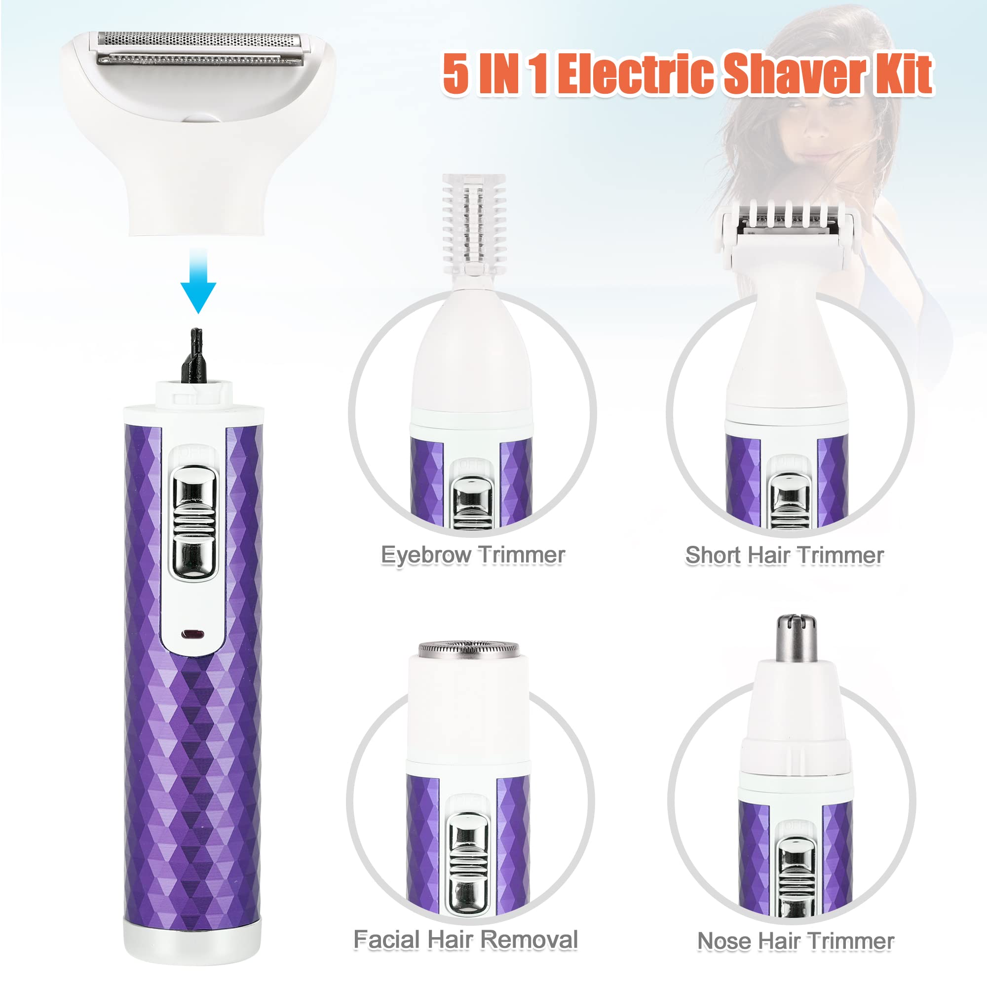 VOCOSTE 5-in-1 Electric Razor for Women - Rechargeable Cordless Wet/Dry Shaver for Face, Legs & Bikini Line - Portable Hair Trimmer & Body Groomer (Purple) | Perfect for Travel, Gym & Quick Touch-Ups