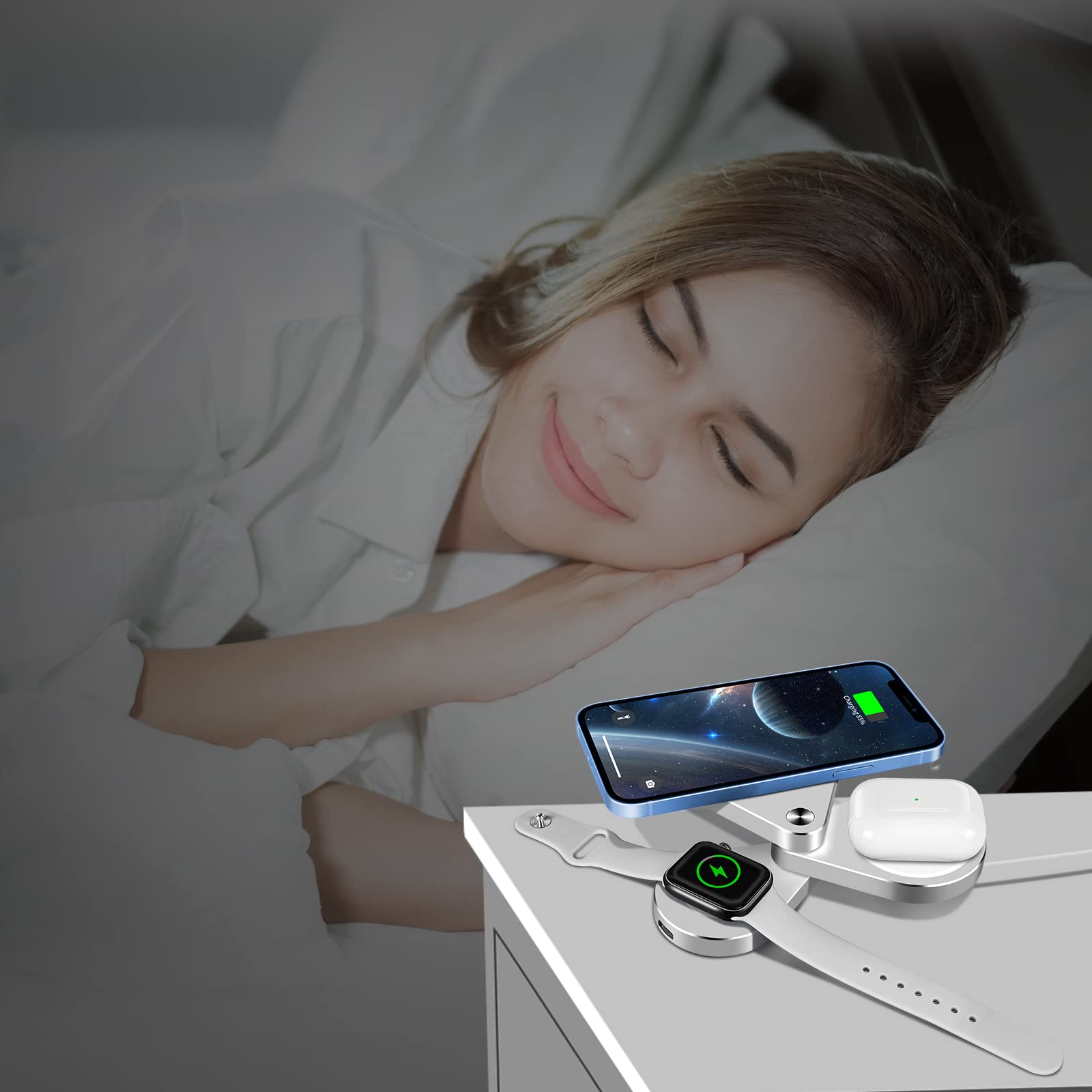 3 in 1 Detachable Magnetic Wireless Charger Stand - 15W Fast Charging Station for iPhone 13/12/11, Apple Watch SE/6/5/4/3/2 & AirPods Pro/2 (Silver) | Foldable Design for Nightstand, Office & Travel Use