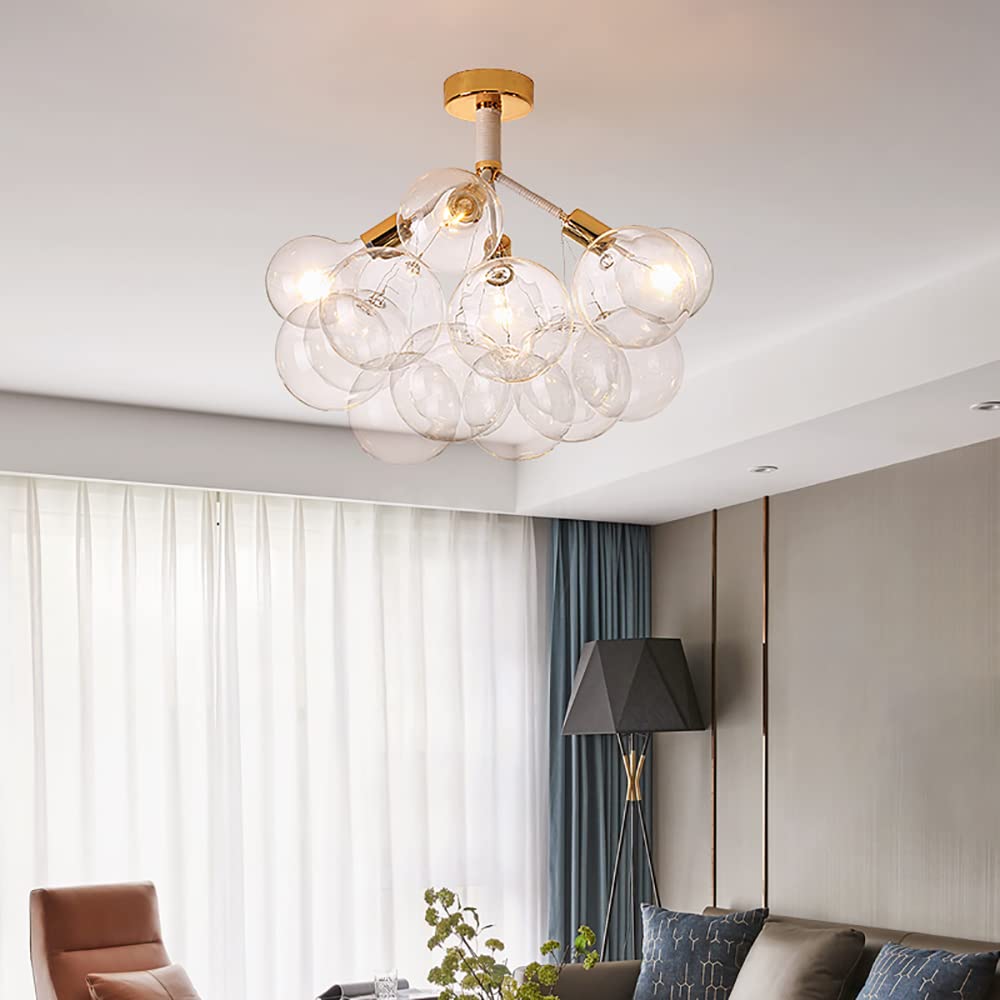 Modern Flush Mount Ceiling Light with Clear Glass Bubble Globes - Gold Chandelier for Dining Room, Entryway, or Foyer - 4-Light Fixture - Perfect for Home Decor, Restaurants, and Hotel Lobbies
