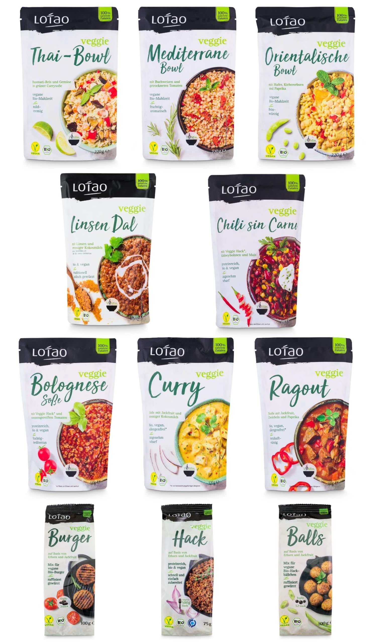 LOTAO Vegan Ready Meals - Explorer Box: 11 Organic Microwaveable Vegan Dishes | No Additives, Soy-Free | Healthy Plant-Based Meal Prep for Office Lunch, Camping & Emergency Food Supply
