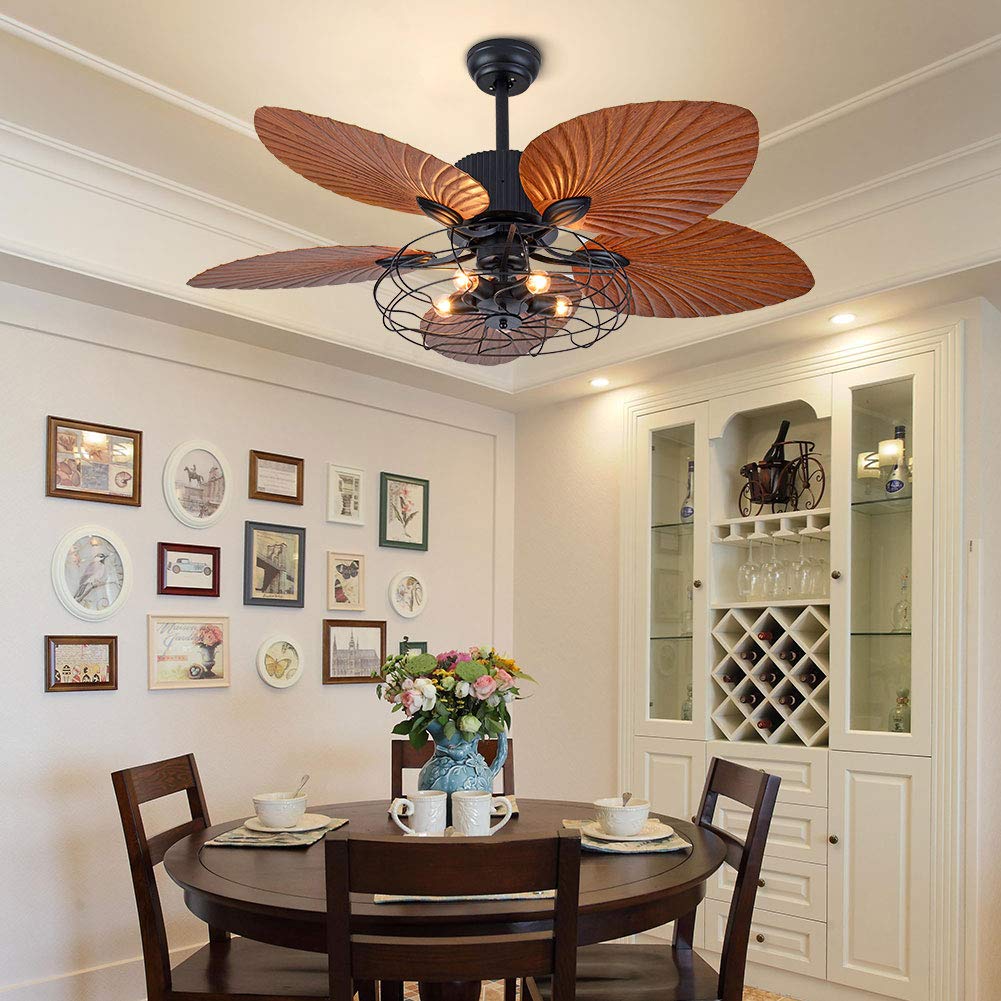 52 Inch Tropical Ceiling Fan with Lights - 3 Speed Remote Control, 5 Wooden Blades & Premium Light Fixtures - Modern Chandelier Fan for Living Room, Bedroom, Patio - Energy Efficient Air Circulation & Stylish Home Decor
