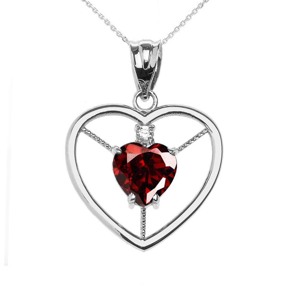 10K White Gold January Birthstone Necklace - Genuine Garnet & Diamond Open Heart Pendant for Women, Gift for Mom Wife Daughter (Anniversary, Valentine's Day, Birthday Present)