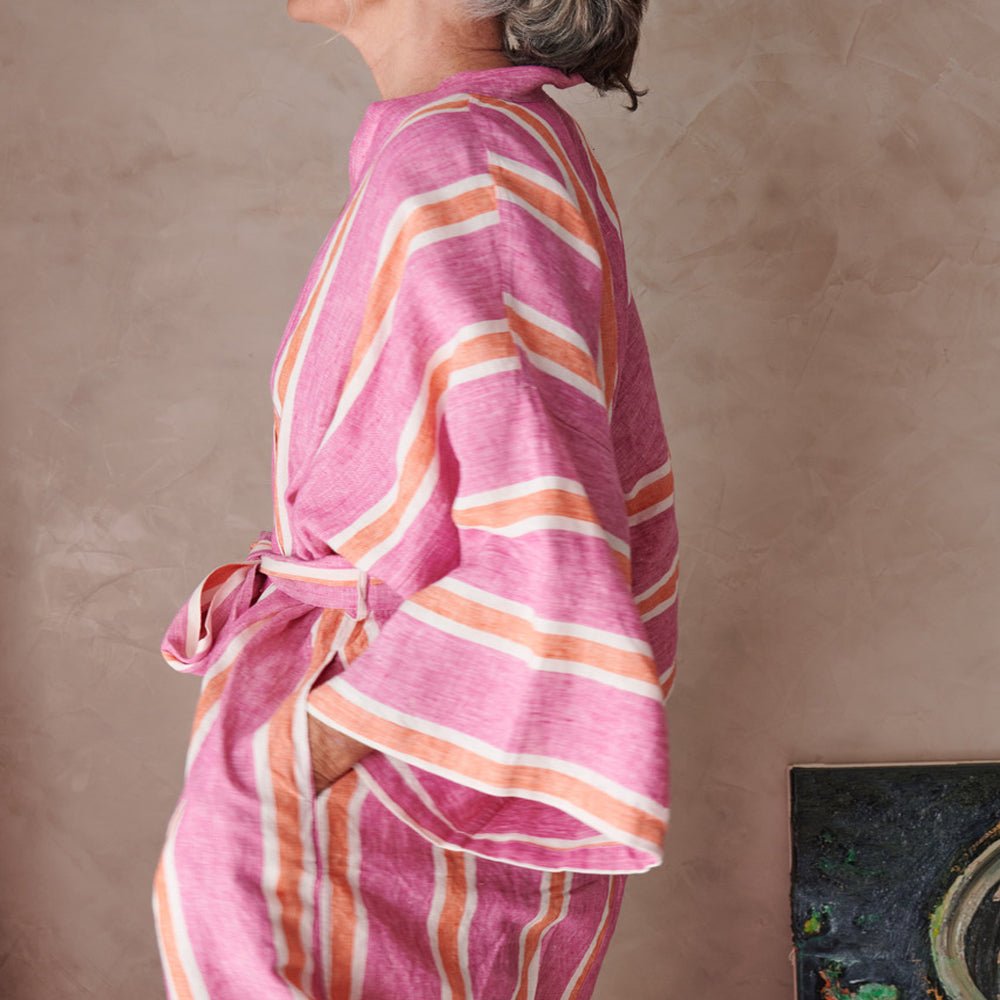 Wildberry Striped Linen Robe for Women - Soft Lightweight Kimono Style Bathrobe with Pockets - Perfect for Spa, Beach Cover-Up, and Lounging at Home