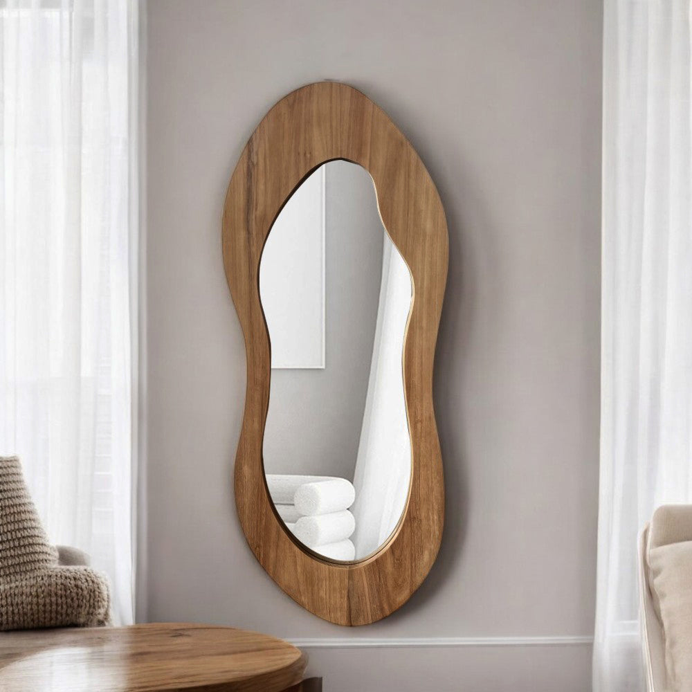 Wave Teak Mirror - Handcrafted Solid Teak Wood Wall Mirror for Bathroom, Bedroom & Living Room Decor - Coastal & Boho Style Home Accent
