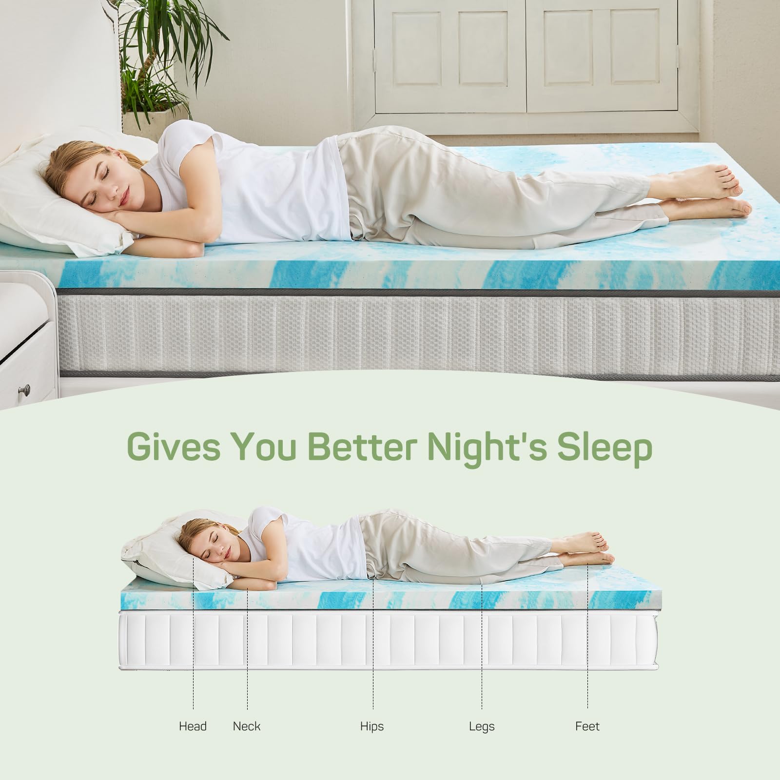 2 Inch Gel Memory Foam Mattress Topper Twin Size - CertiPUR-US Certified Cooling Mattress Pad with Ventilation for Back Pain Relief & Pressure Relief - Perfect for Guest Beds, Dorm Rooms & Home Comfort (Blue)