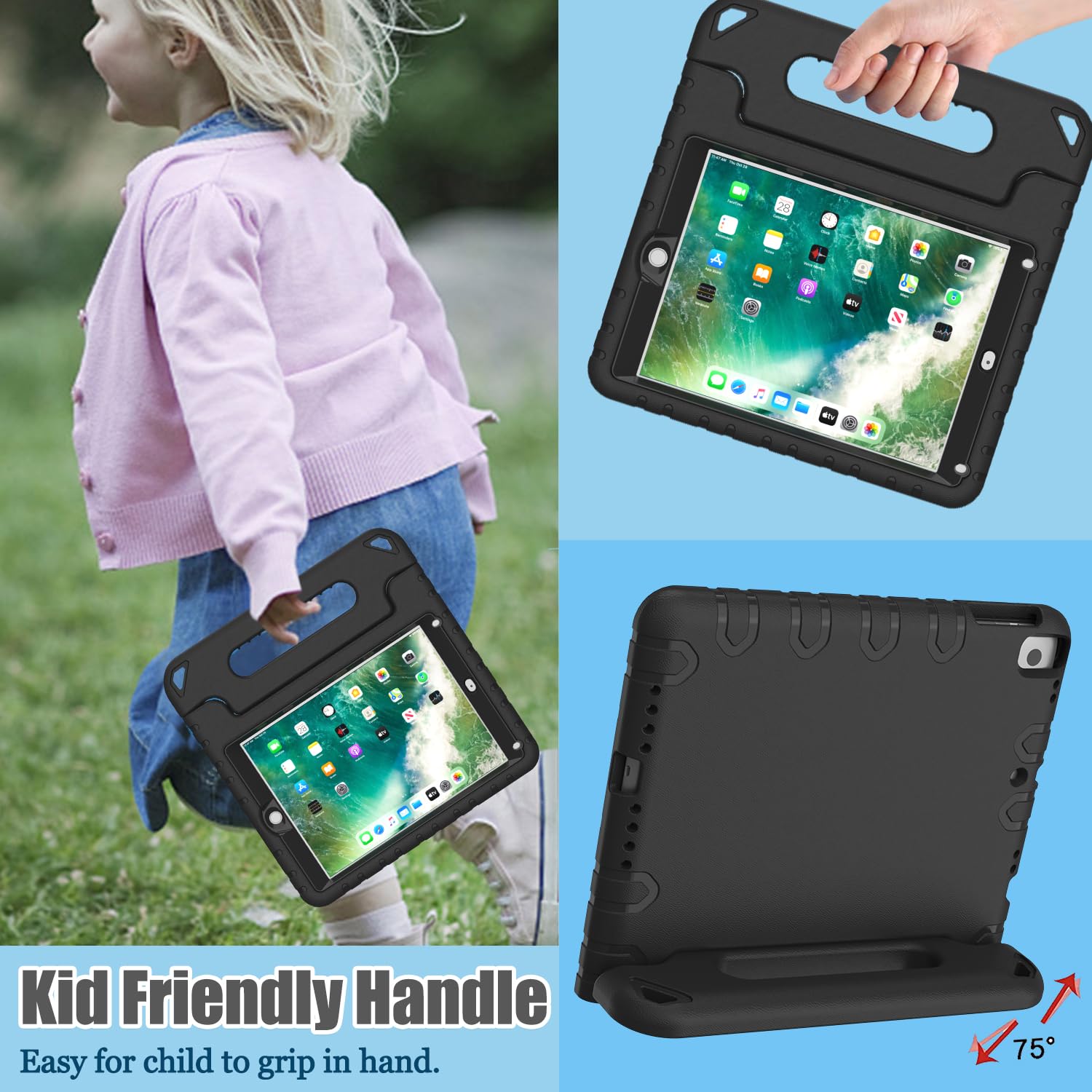 AVAWO Shockproof Kids iPad Case for iPad 9.7 (5th/6th Gen 2017/2018) & iPad Air 2 - Lightweight Convertible Handle Stand Cover with Built-in Screen Protector | Perfect for School, Travel & Home Use (Black)