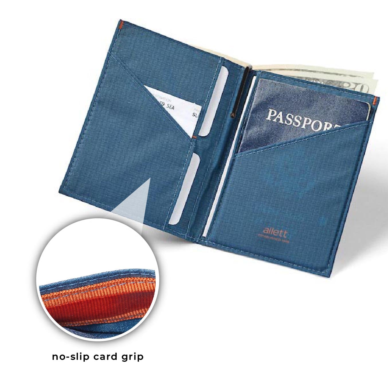 Allett Travel Wallet for Men & Women - Slim RFID Blocking Bifold Passport Holder | Holds 10 Cards & Travel Documents | Nylon Minimalist Front Pocket Wallet (Indigo Blue) | Perfect for Airports, Business Trips & Everyday Use