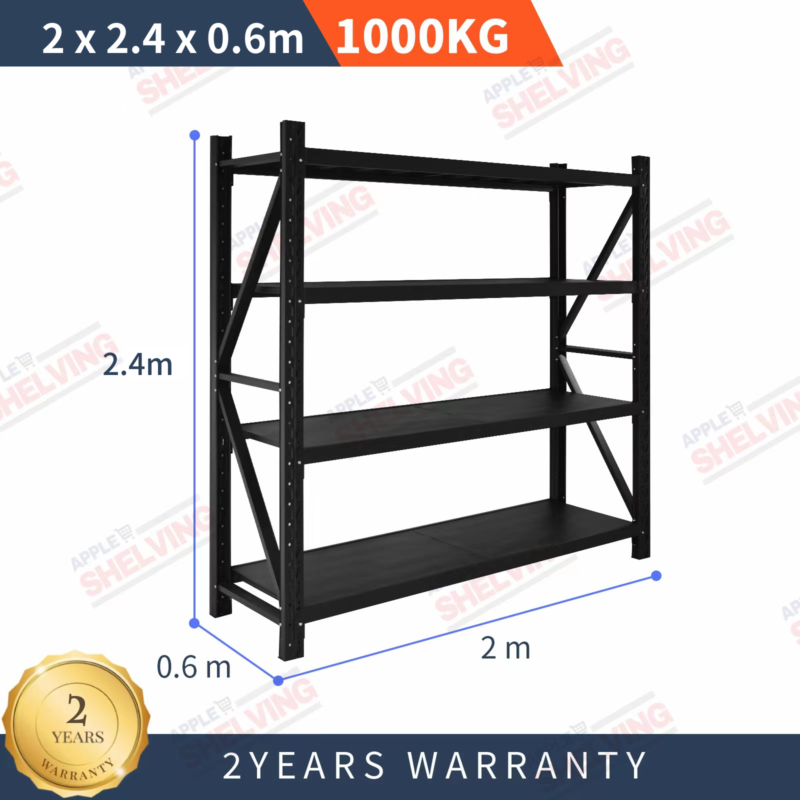 Heavy Duty Steel Shelving Unit 2m x 2.4m x 0.6m (WxHxD) 1000KG Capacity - Perfect for Warehouse Storage, Garage Organization & Industrial Shelving Solutions