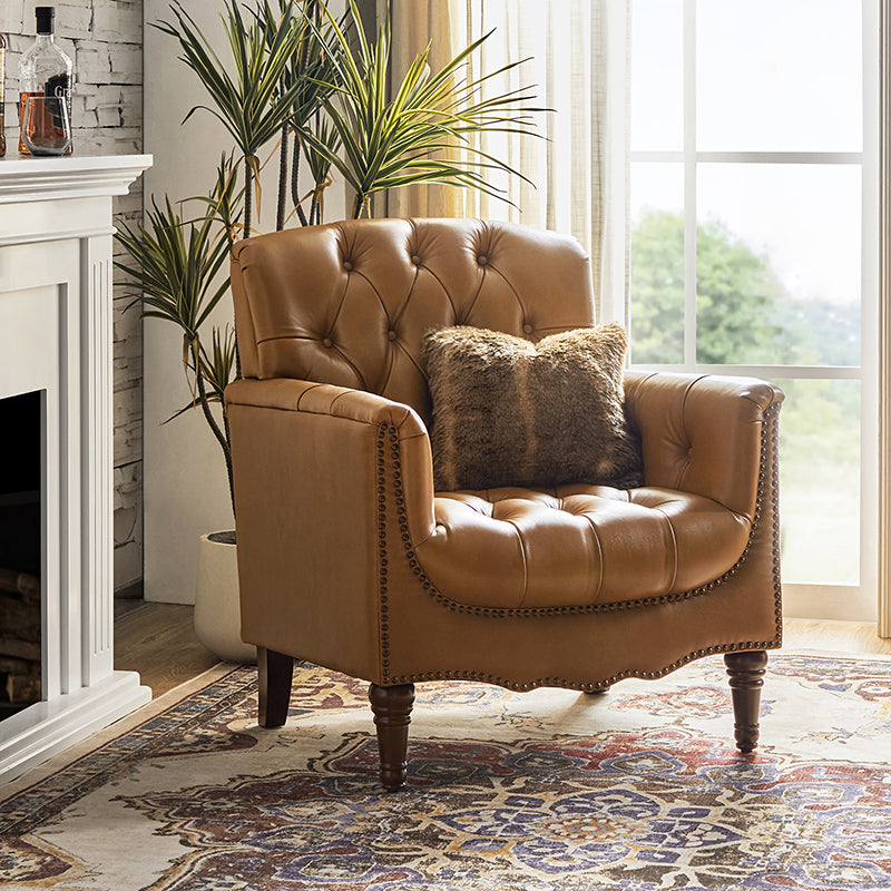 Premium Genuine Leather Armchair - Handcrafted Modern Lounge Chair for Living Room, Office & Study - Brown Leather Recliner with Solid Wood Frame - Perfect for Home Decor & Relaxation