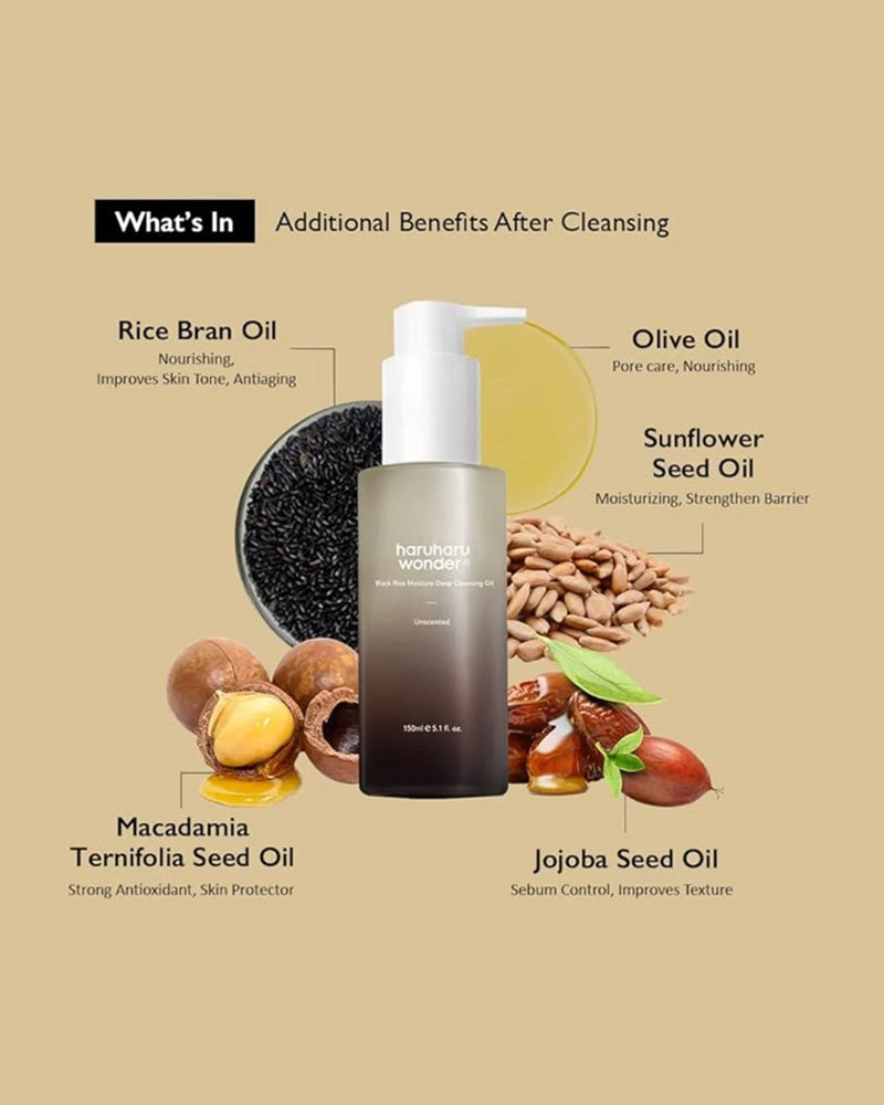 Haruharu Wonder Black Rice Moisture Deep Cleansing Oil - Unscented Facial Cleanser for Dry & Sensitive Skin | Gentle Makeup Remover & Pore Cleanser for Daily Skincare Routine