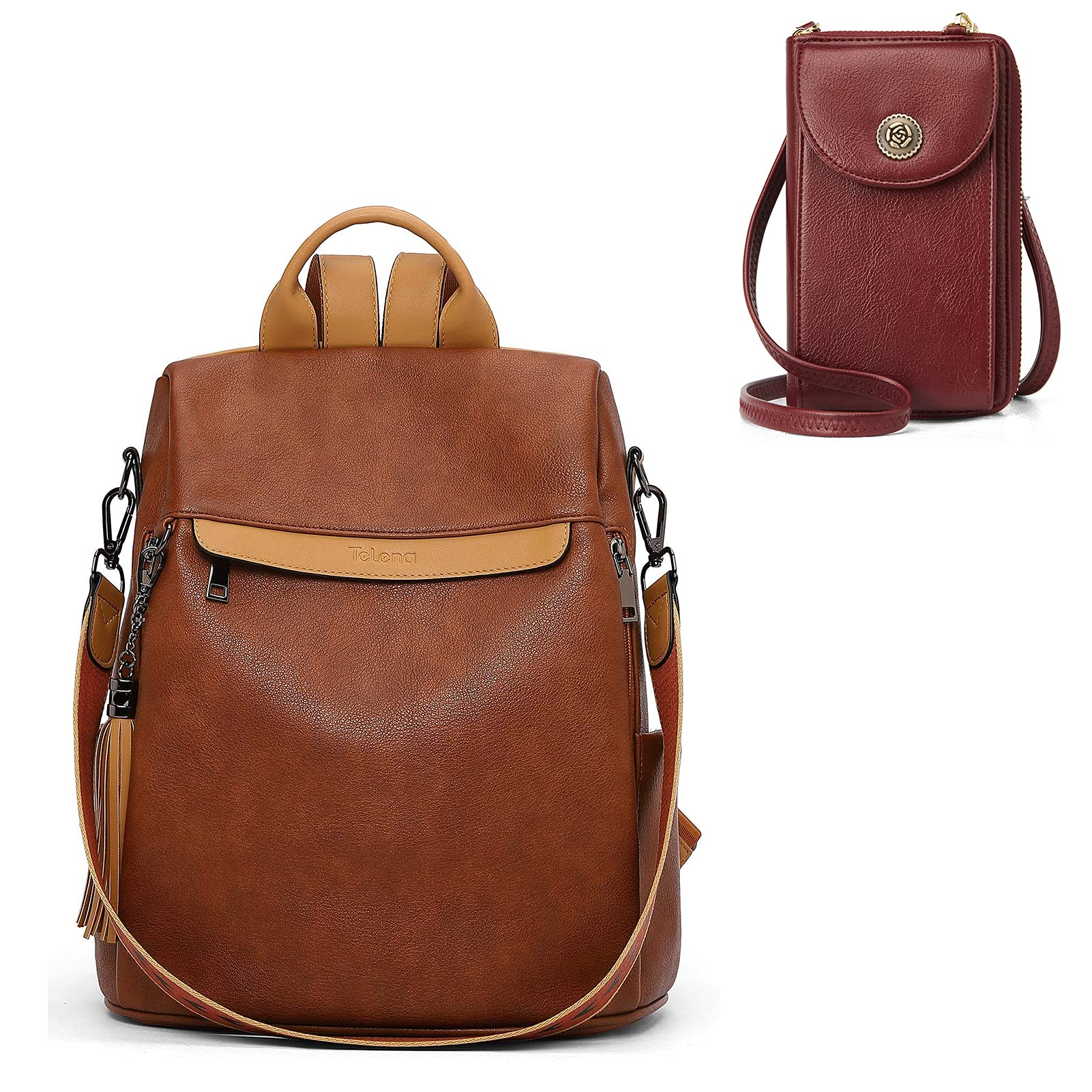 Anti-Theft Travel Backpack Purse for Women - Large Shoulder Bag & Crossbody Bag Set (Brown & Red) - Perfect for Commuting, Shopping, and Daily Essentials Storage