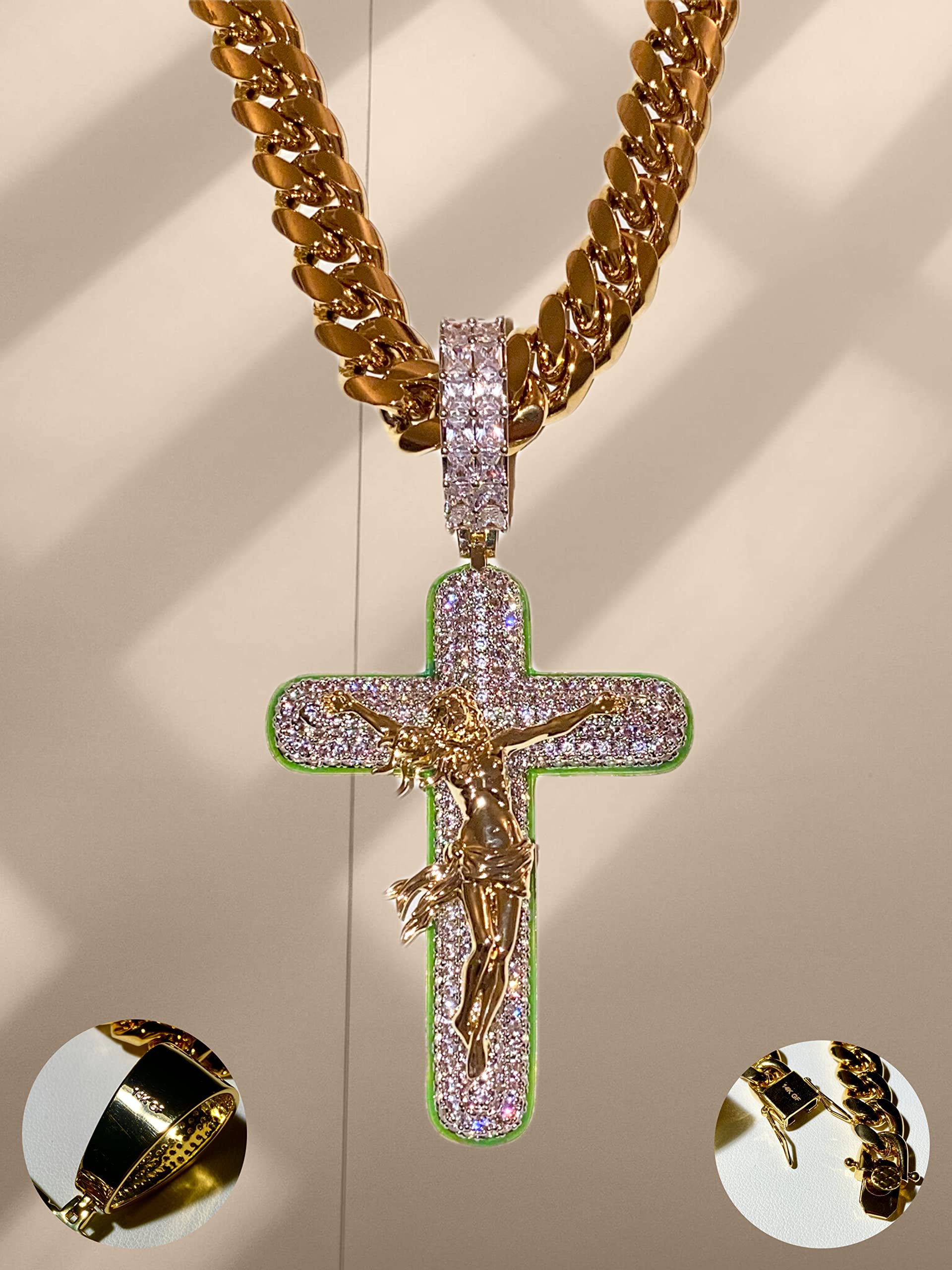 Glow in Dark Jesus Crucifix Pendant with 14K White Gold Miami Cuban Chain Necklace - 12mm Iced Choker for Men, Silver Dripping Heart Charm - Rappers Choice Jewelry (Perfect for Night Out, Gift for Him, Religious Fashion Statement)