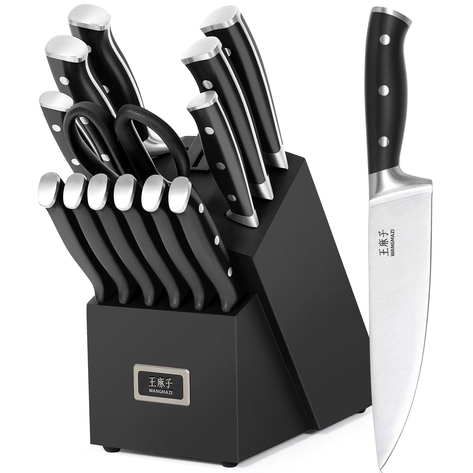 Premium 15-Piece High Carbon Stainless Steel Knife Set - Forged Kitchen Knives with Ergonomic Triple-Rivet Handle - Professional Chef & Home Cooking Essential - Perfect for Slicing, Dicing, and Food Prep (Black)